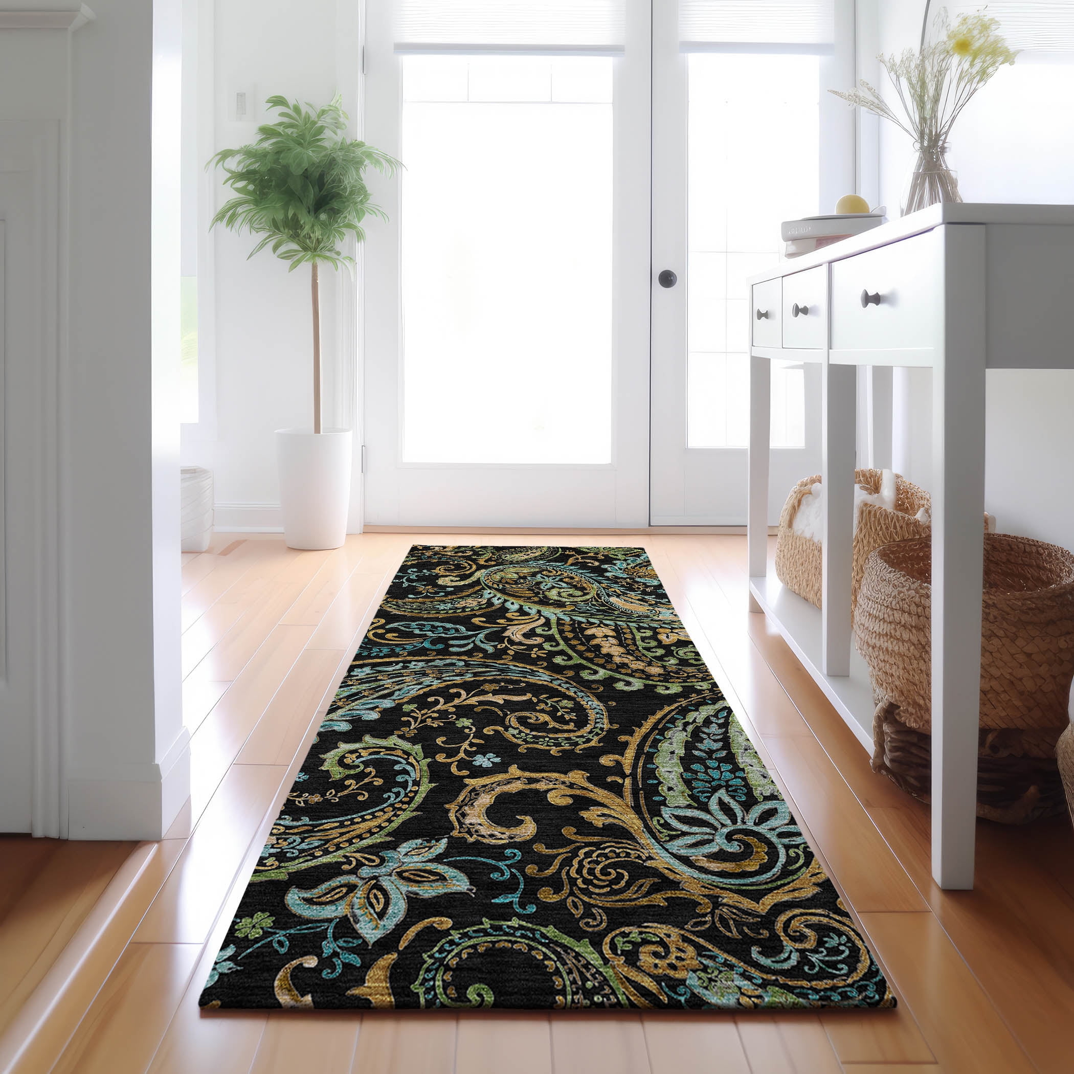 Addison Rugs Mayfield Washable Transitional Paisley Black Runner Rug, 2'3" x 7'6"