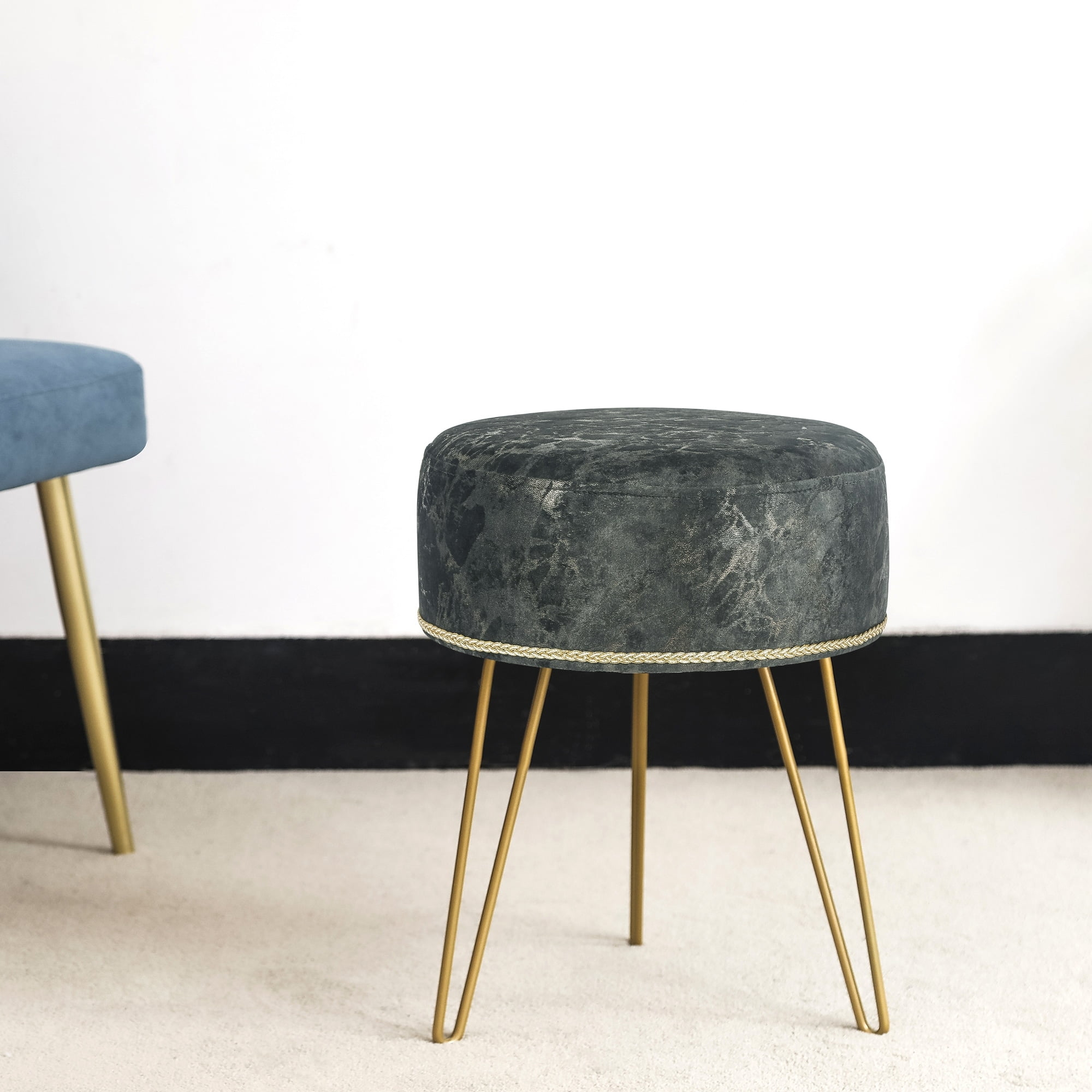 Dark Grey Velvet Round Ottoman with Gold Metal Legs