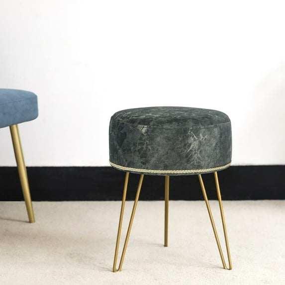 Dark Grey Velvet Round Ottoman with Gold Metal Legs