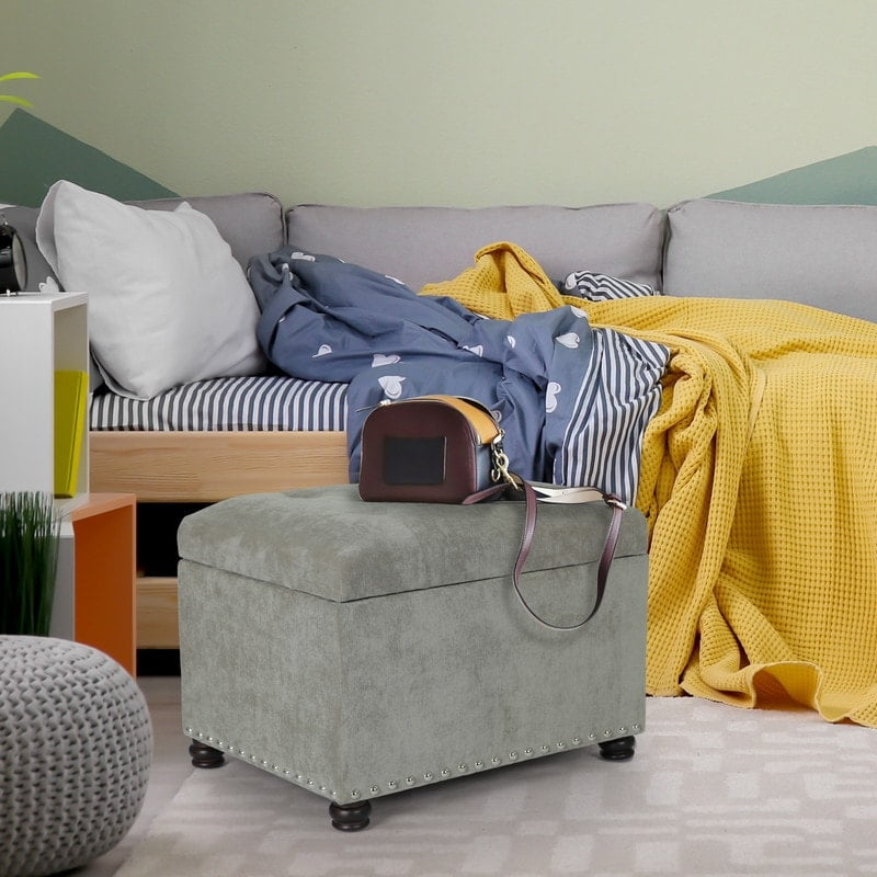 Light Grey Tufted Fabric Storage Ottoman Bench with Nailhead Trim