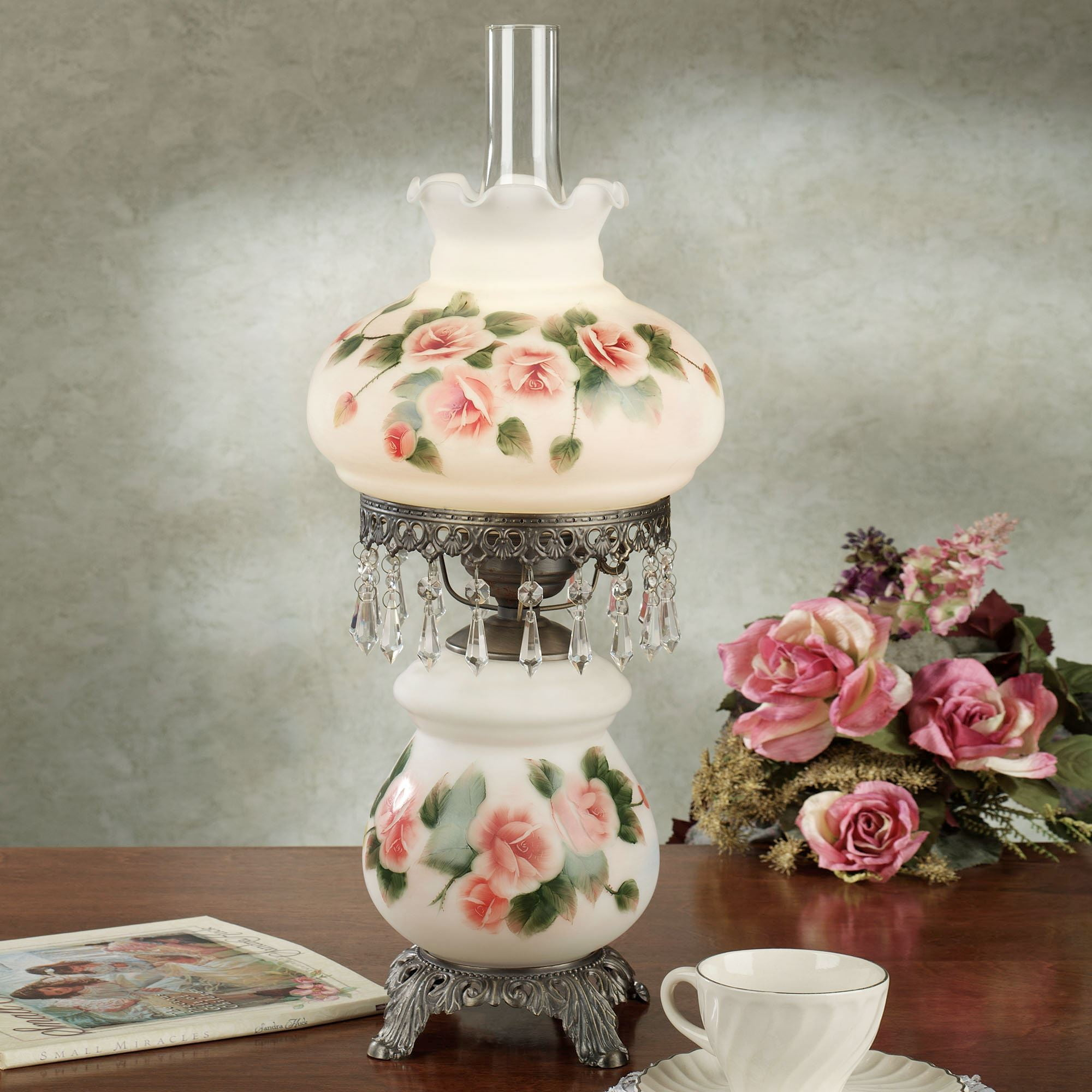 Adelaide Hurricane Table Lamp with Handpainted Pink Roses on Scalloped Glass Shade and Faux Crystal Beads 24 Inches High