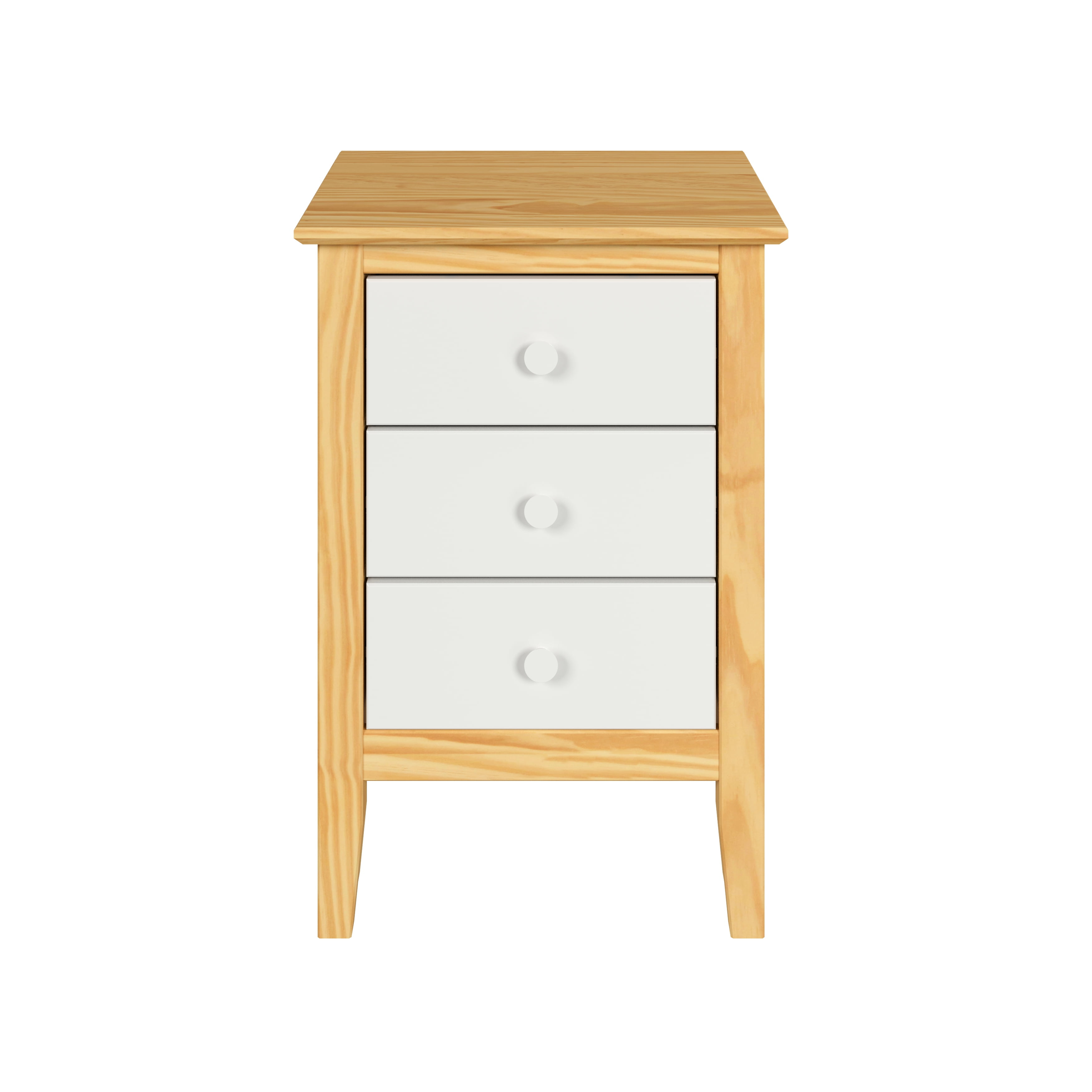 Solid Wood 3 Drawer End Table with White Front, White & Natural Knobs, Natural