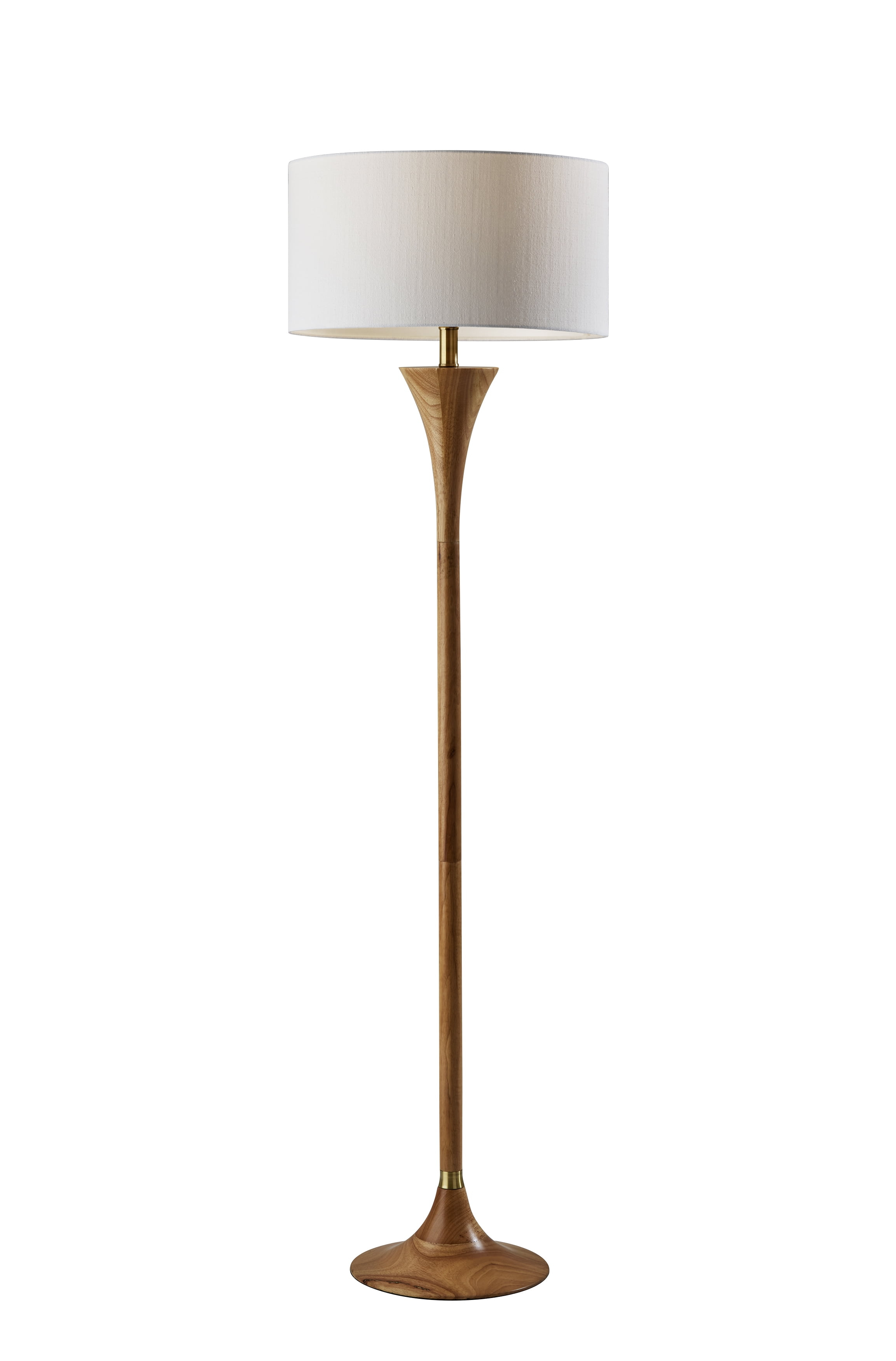 Adesso Rebecca Floor Lamp Natural Rubberwood Base with Antique Brass Accent, Wood Base, White Textured Fabric Shade