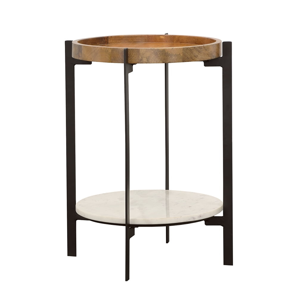 Round Accent Table with Marble Shelf Natural and Black