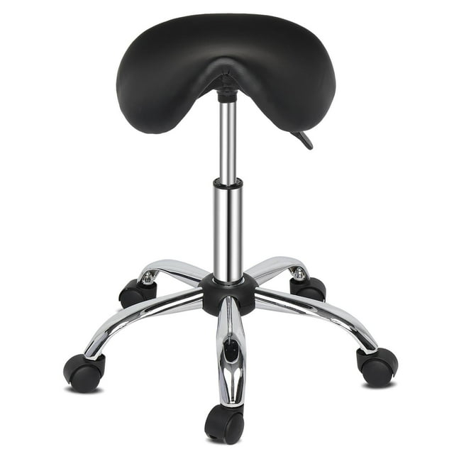 Adjustable Rolling Saddle Stool PU Leather Rolling Stool Salon Chair with Wheels Black