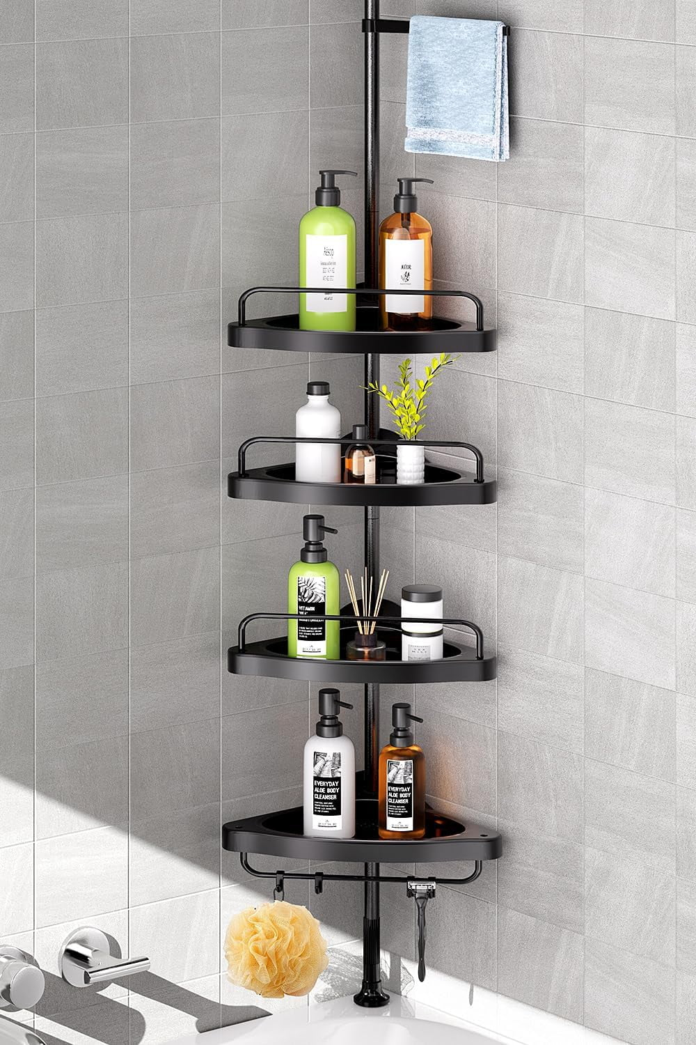 Corner Shower Caddy Tension Pole: Adjustable Stainless Steel Shower Organizer with 4 Tier Shelf for Bathroom Bathtub Tub Shampoo -Floor Standing Rack Bath Storage Holder with Rust Proof Rods - Black