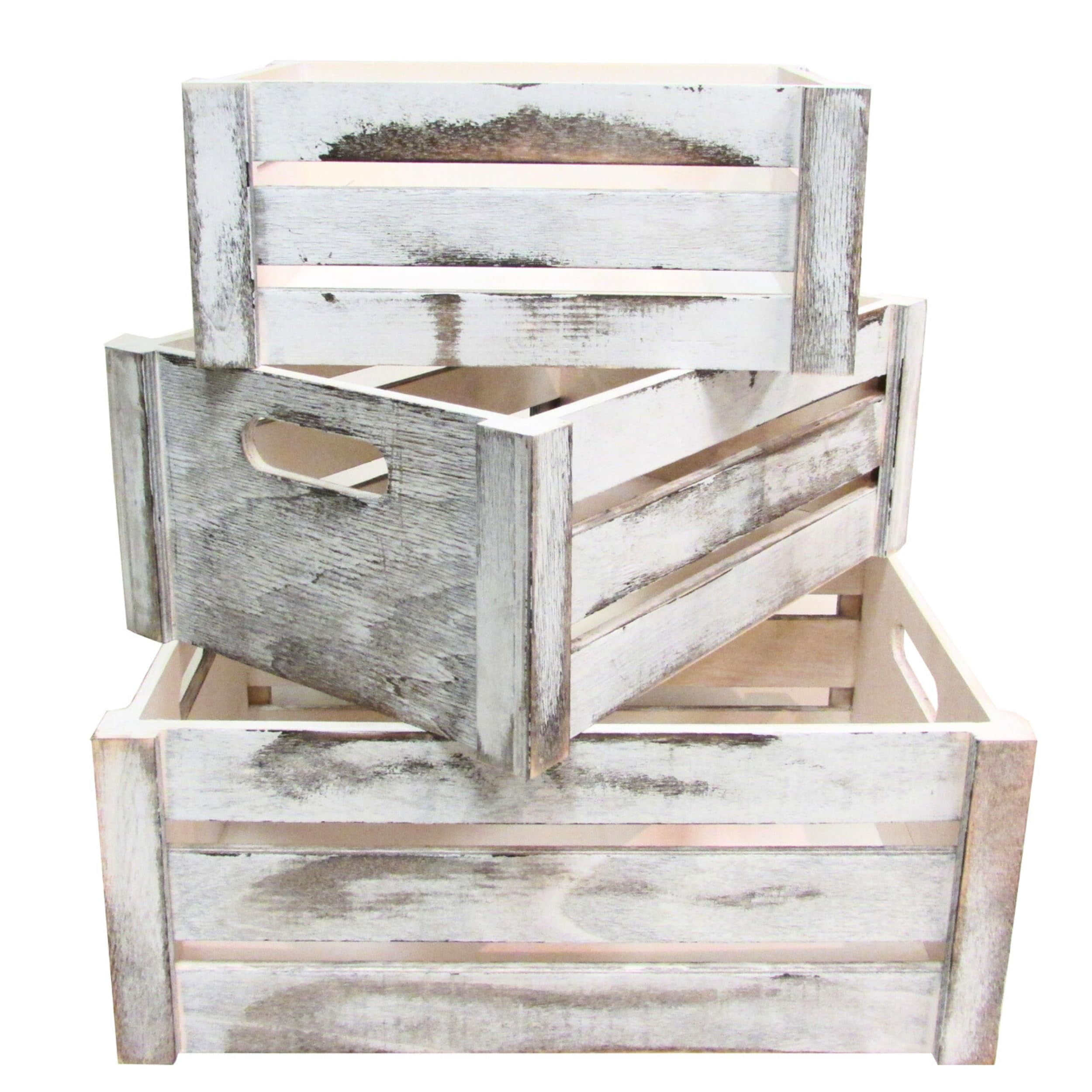 Admired By Nature Wooden Crates Storage Container, Rustic White Set of 3, Farmhouse Style Decorative Baskets for Home Decor, Rustic Decor, Nesting Stackable Organizers, Distressed Wood Crates C21