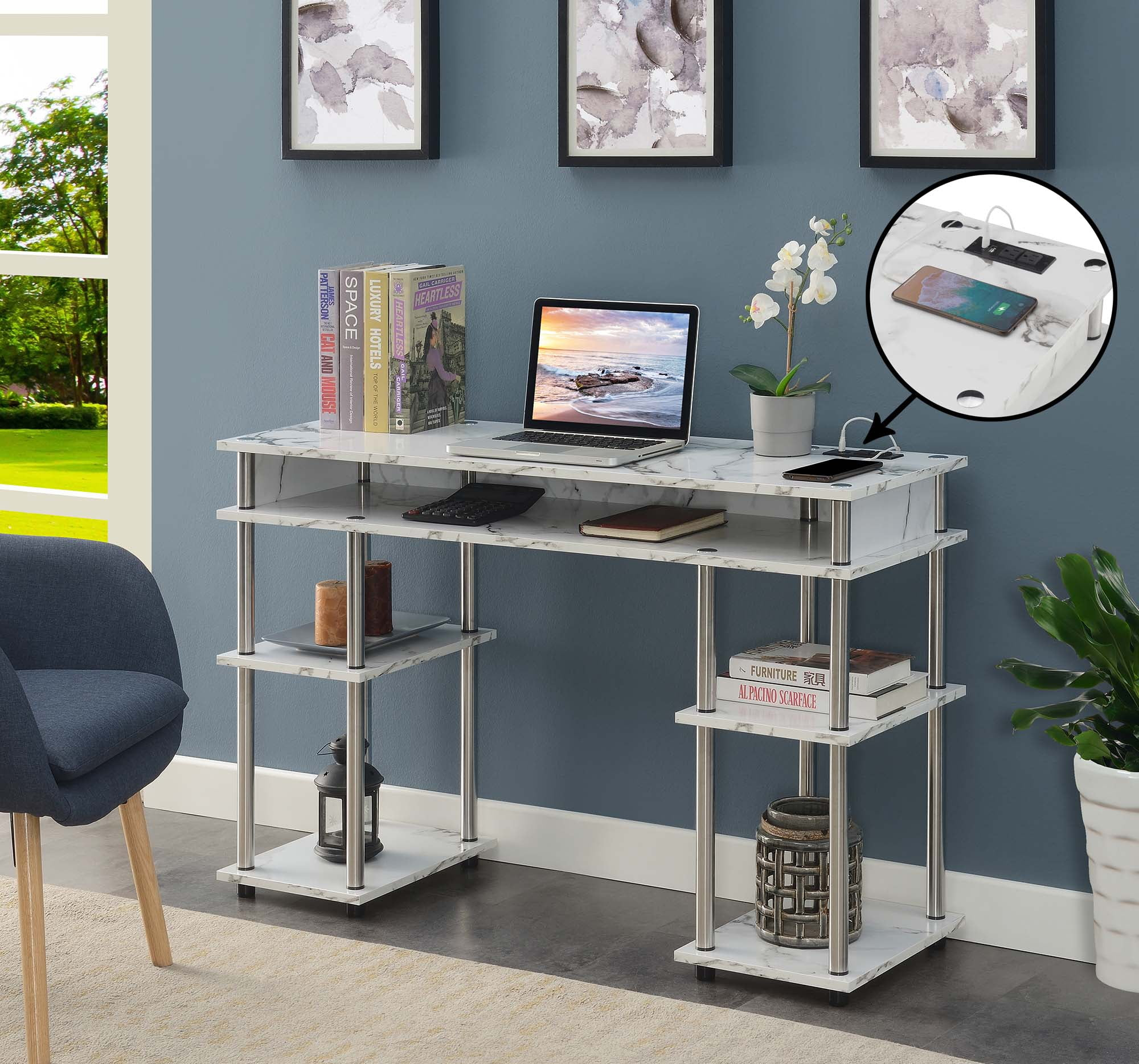 Adult, Designs2Go No Tools 30 in. Tall Student Desk w/ Charging Station & Shelves, White Faux Marble