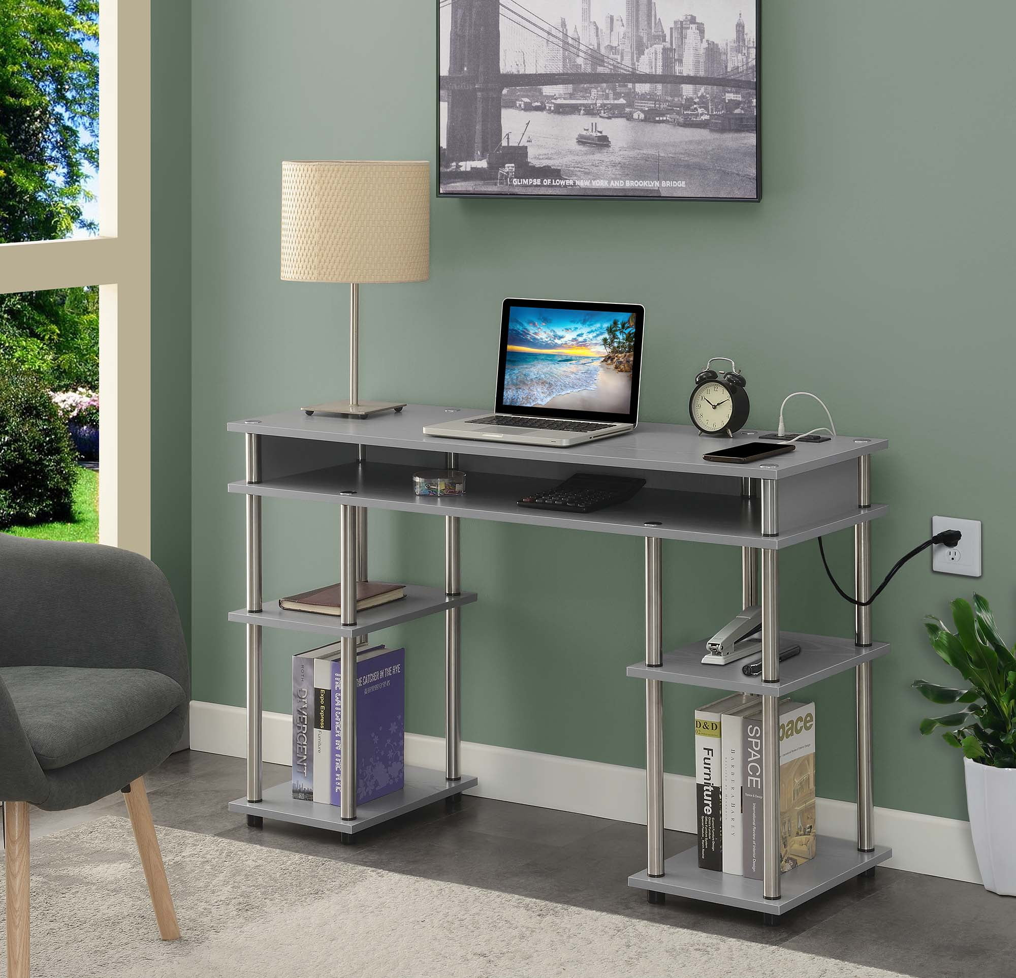Adult, Designs2Go No Tools 30 inches Tall Student Desk w/ Charging Station and Shelves, Gray