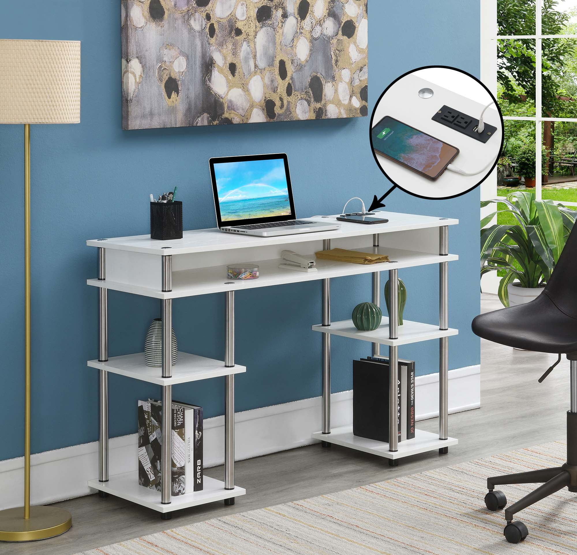 Adult, Designs2Go No Tools 30 inches Tall Student Desk with Charging Station and Shelves, White