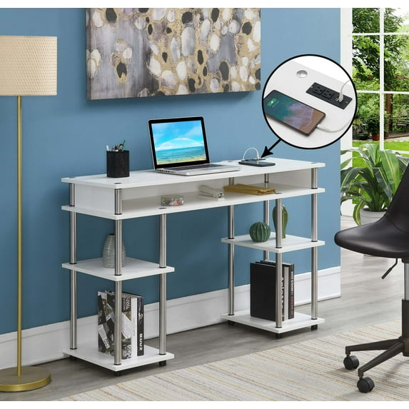 Adult, Designs2Go No Tools 30 inches Tall Student Desk with Charging Station and Shelves, White
