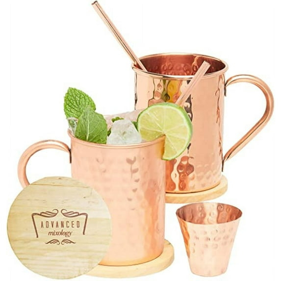 Advanced Mixology Moscow Mule Copper Mugs - Set of 2 - 100% HANDCRAFTED - Pure Solid Copper Mugs 16 oz Gift Set with BONUS: Artisan Wooden Coasters, Cocktail Copper Straws, and Shot Glass!