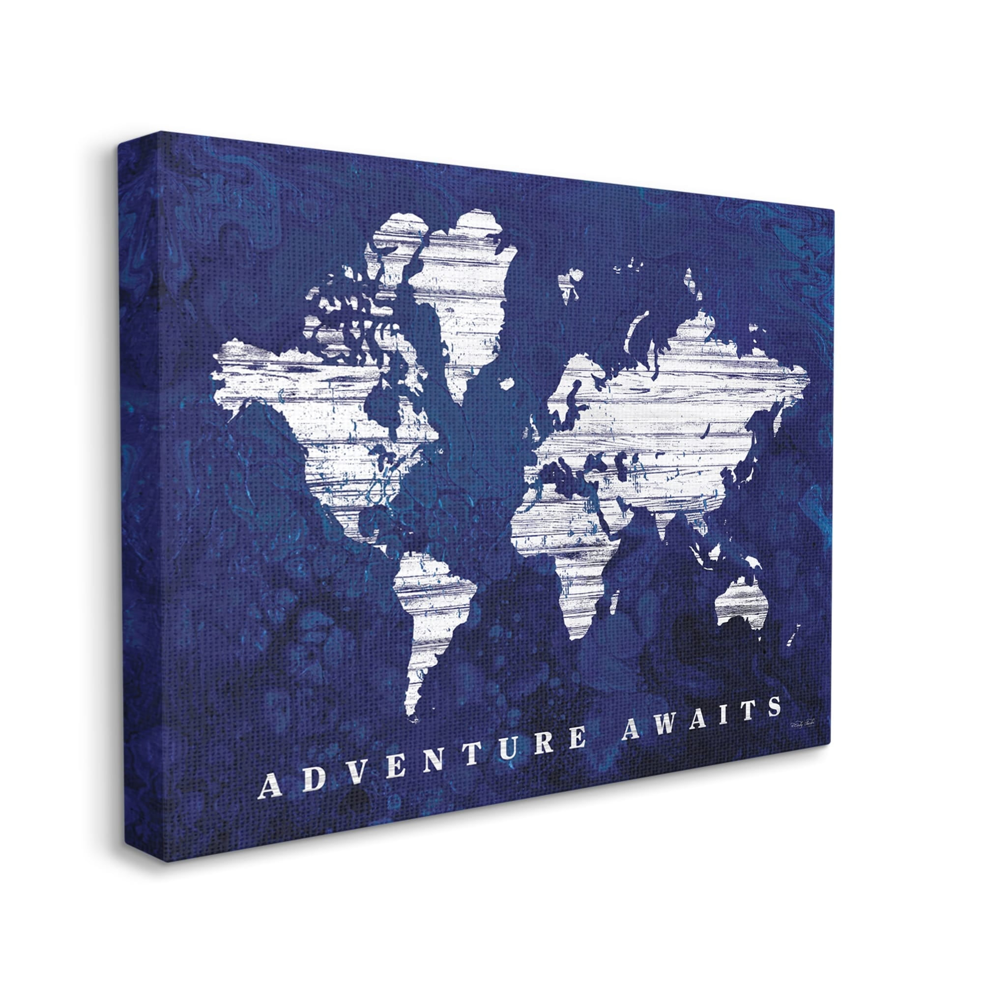 Adventure Awaits Sentiments Navy Blue World Map 20 in x 16 in Painting Canvas Art Print, by Stupell Home Décor