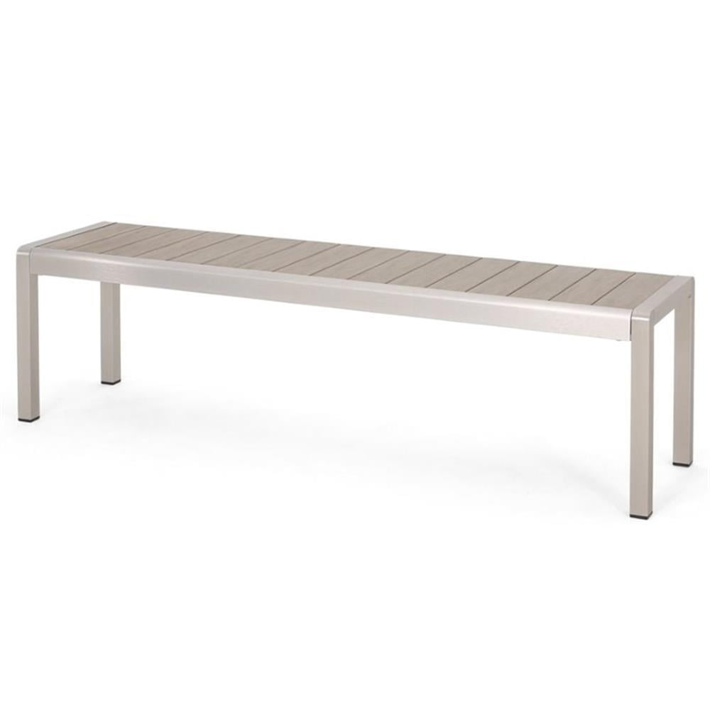 GDF Studio Crested Bay Outdoor Aluminum and Faux Wood Bench, Natural and Silver
