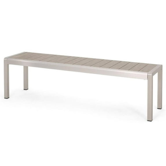 GDF Studio Crested Bay Outdoor Aluminum and Faux Wood Bench, Natural and Silver