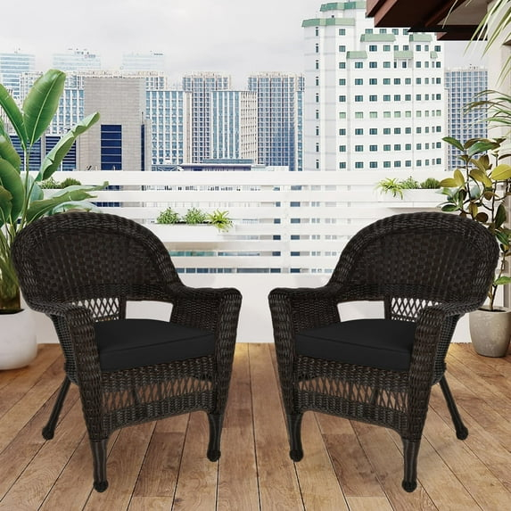 Jeco Wicker Chair in Espresso with Black Cushion (Set of 2)