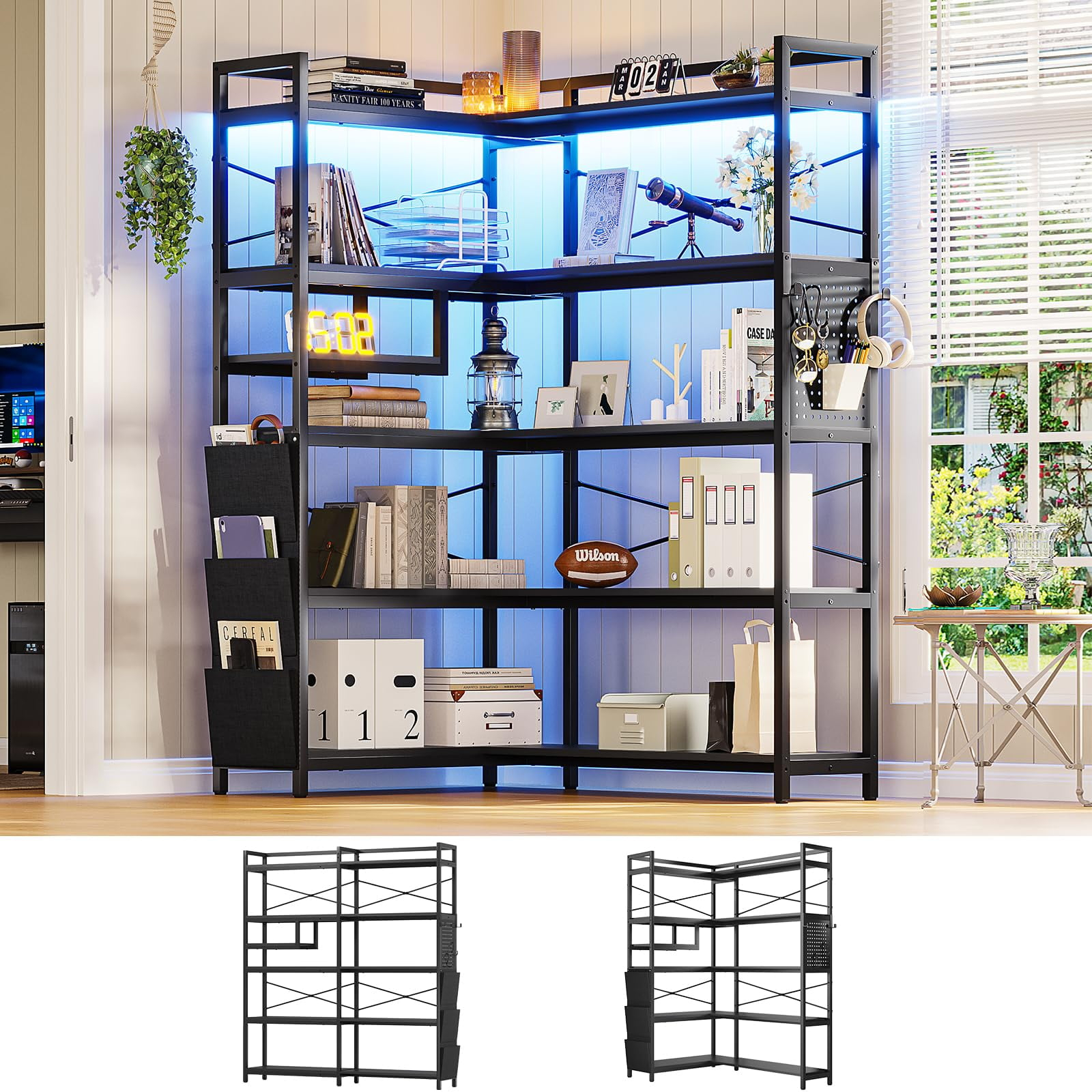 5-Tier Book Shelf with LED Light, 63" Reversible Storage Shelves, Corner Bookshelf with Storage Bag and Pegboard, Black