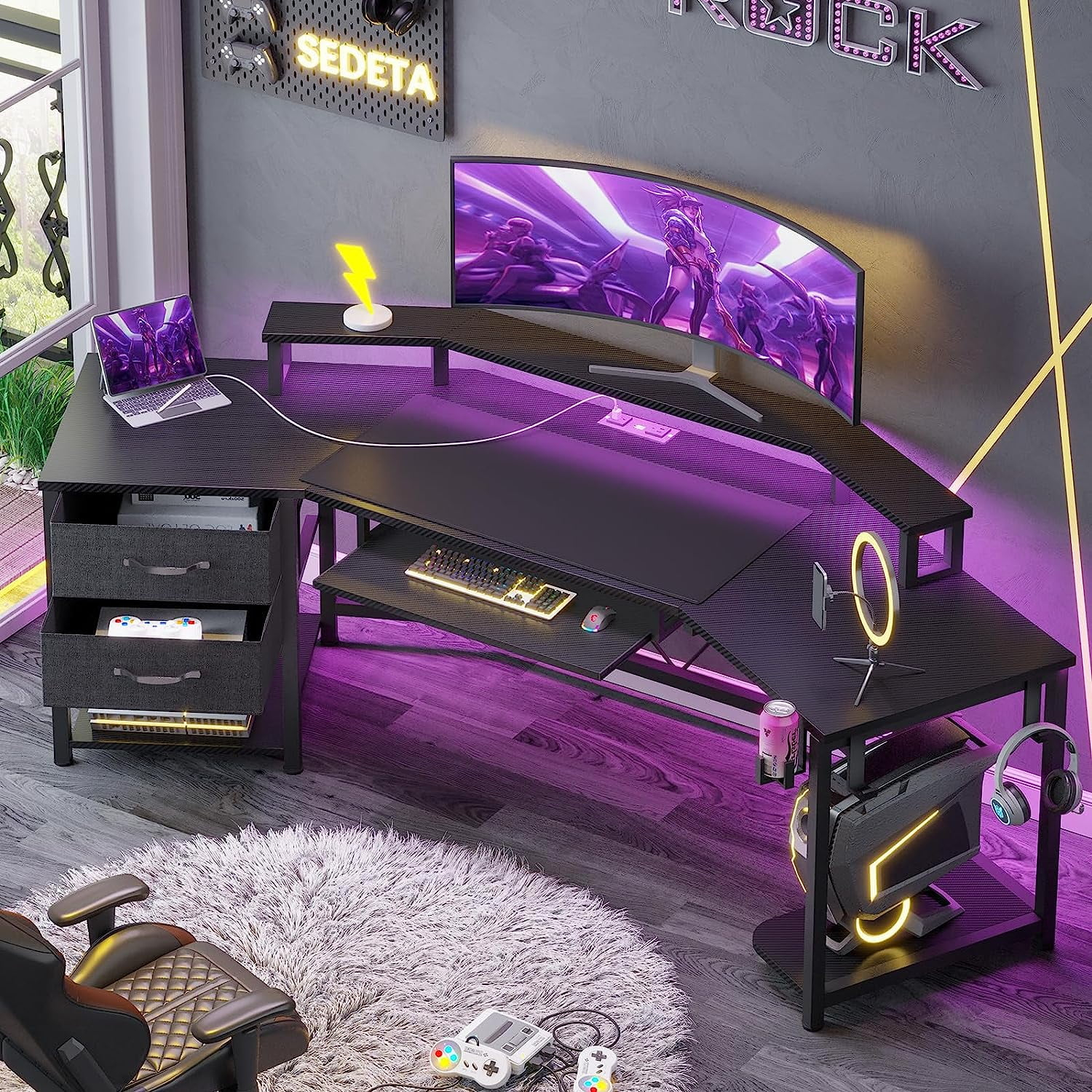 ADORNEVE Adult Collection Combat 2 Fabric Drawers and RGB LED Light Black Gaming Desk, Black