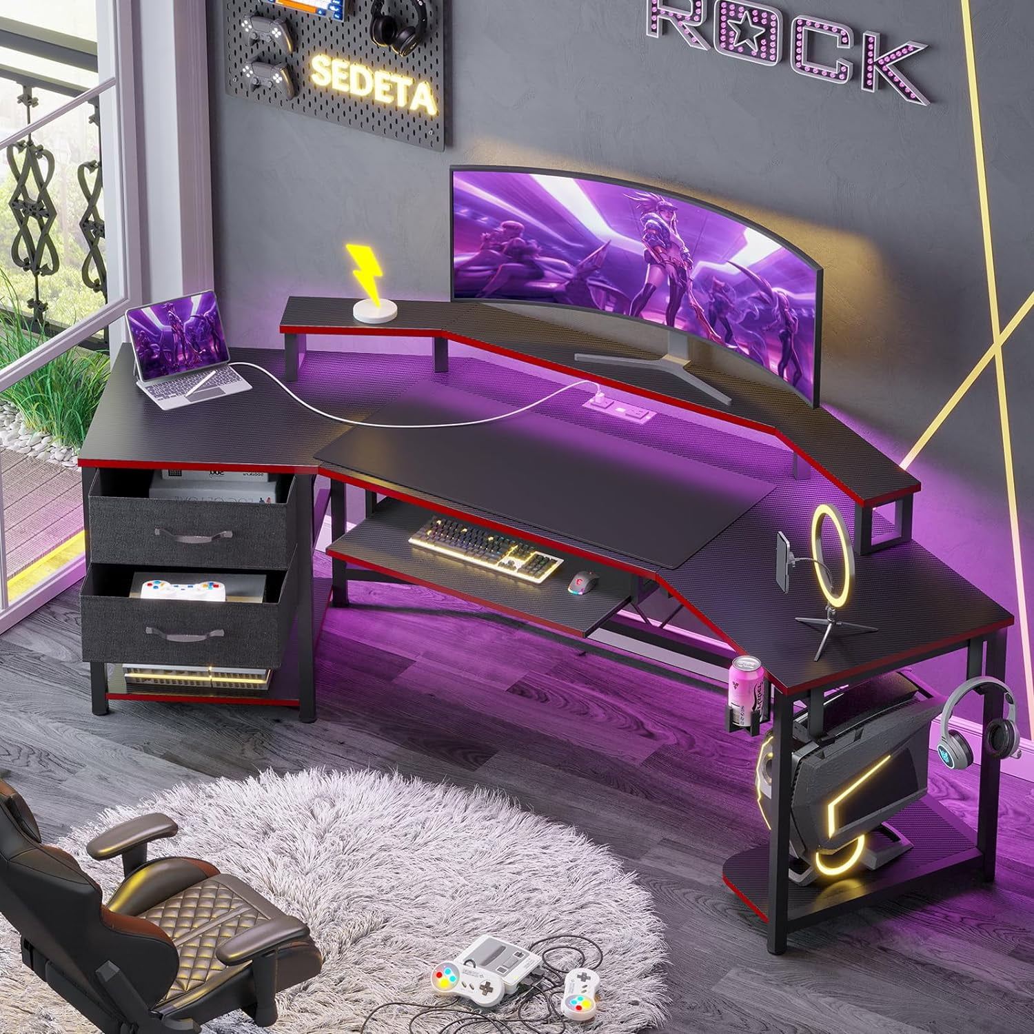 79" Gaming Desk, Computer Desk with 2 Fabric Drawers & LED Light, L Shaped Gaming Desk with Storage Shelf for Home Office, Carbon Fiber Black&Red