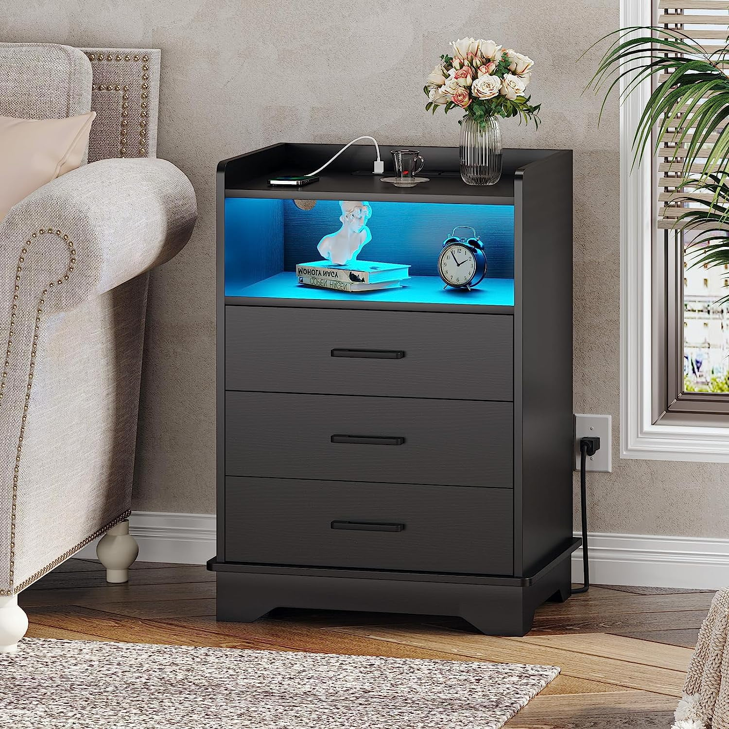Afuhokles Black LED Nightstand with Charging Station, Night Stand 3 Drawers with Open Storage, Side Table with USB Ports and Outlets