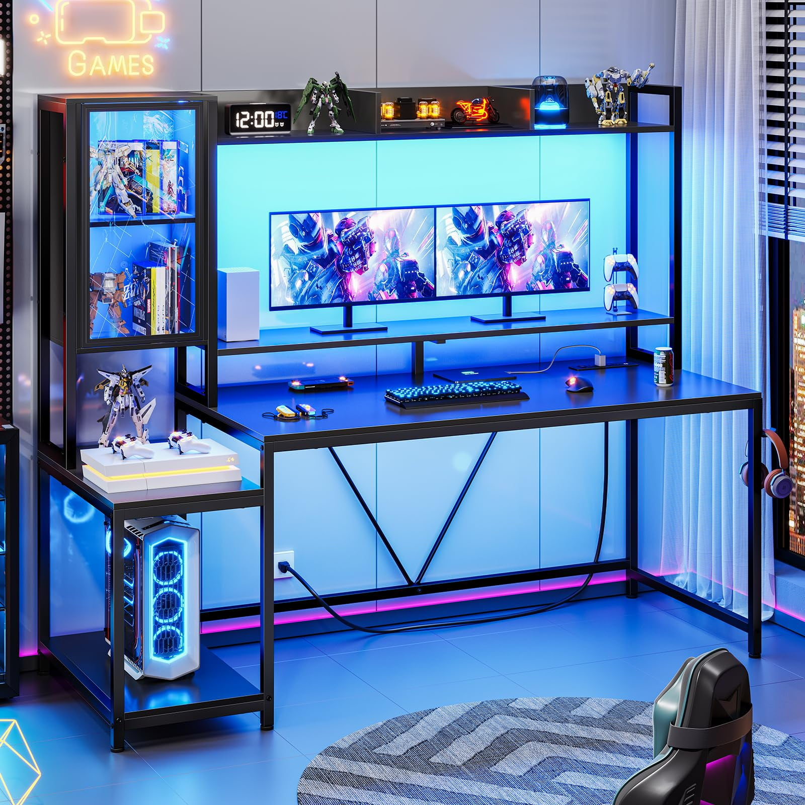 Afuhokles Computer Desk with Hutch and Charging Station, Gaming Desk with LED Light, Monitor Stand, Glass Display Cabinet, Black