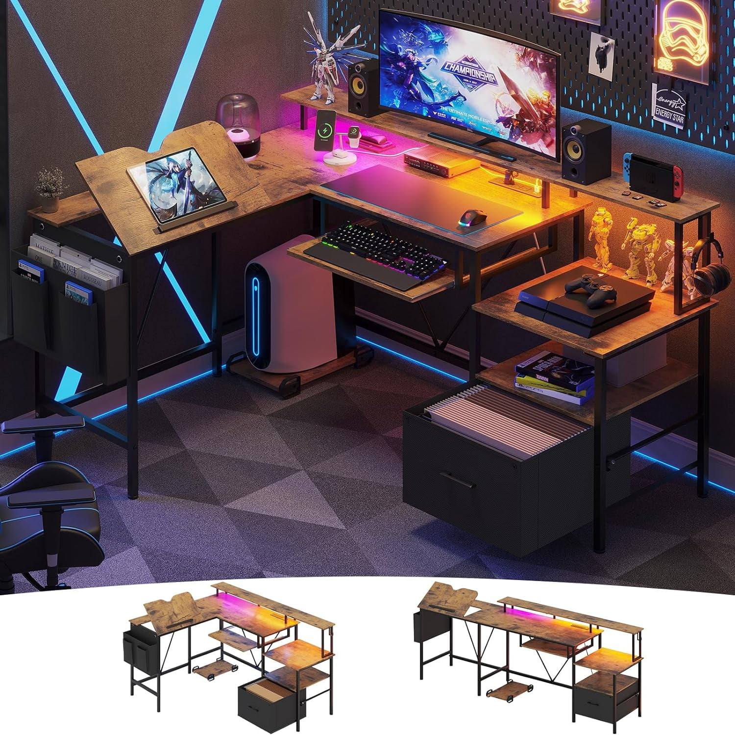 Afuhokles L Shaped Gaming Desk, Led Reversible Corner Computer Desk with Power Outlet, Monitor Stand CPU Stand, Brown
