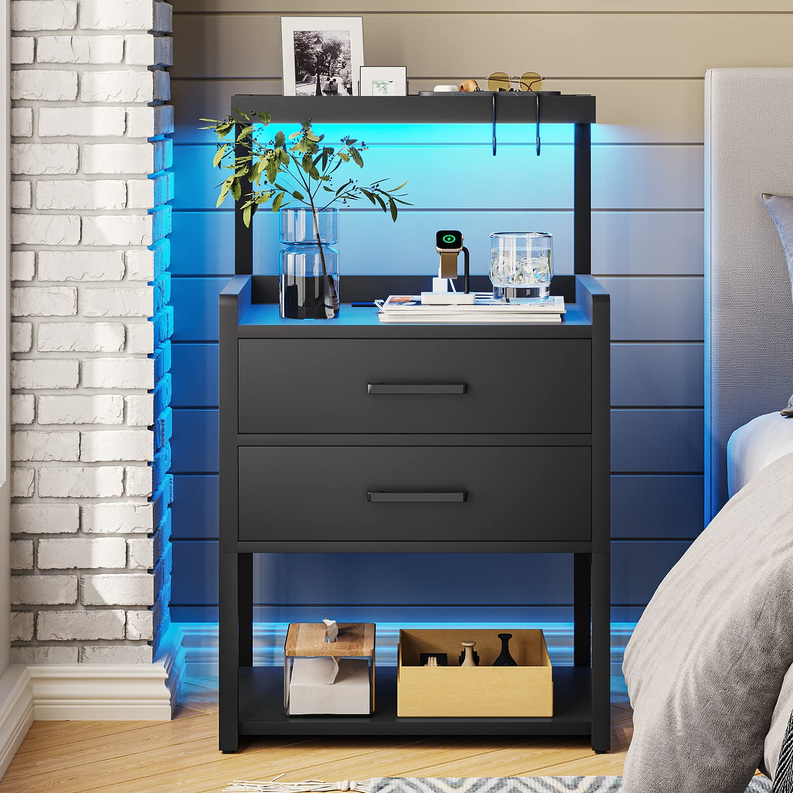 Afuhokles Led Nightstand with Charging Station,2 Drawers Night Stands with Led Lights, Black Bedside Tables with Storage Shelves