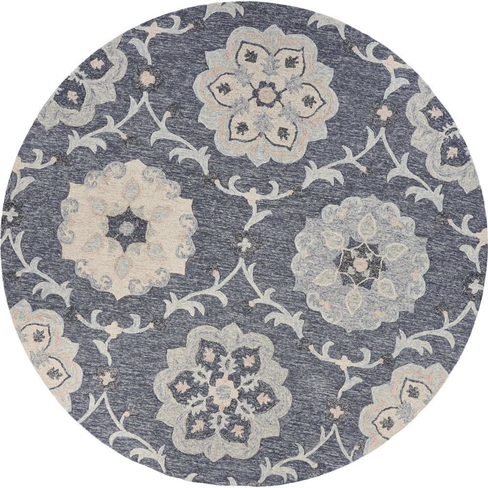 LR Home Aiden 4'10" Round Blue and Gray Floral Wool Indoor Area Rug