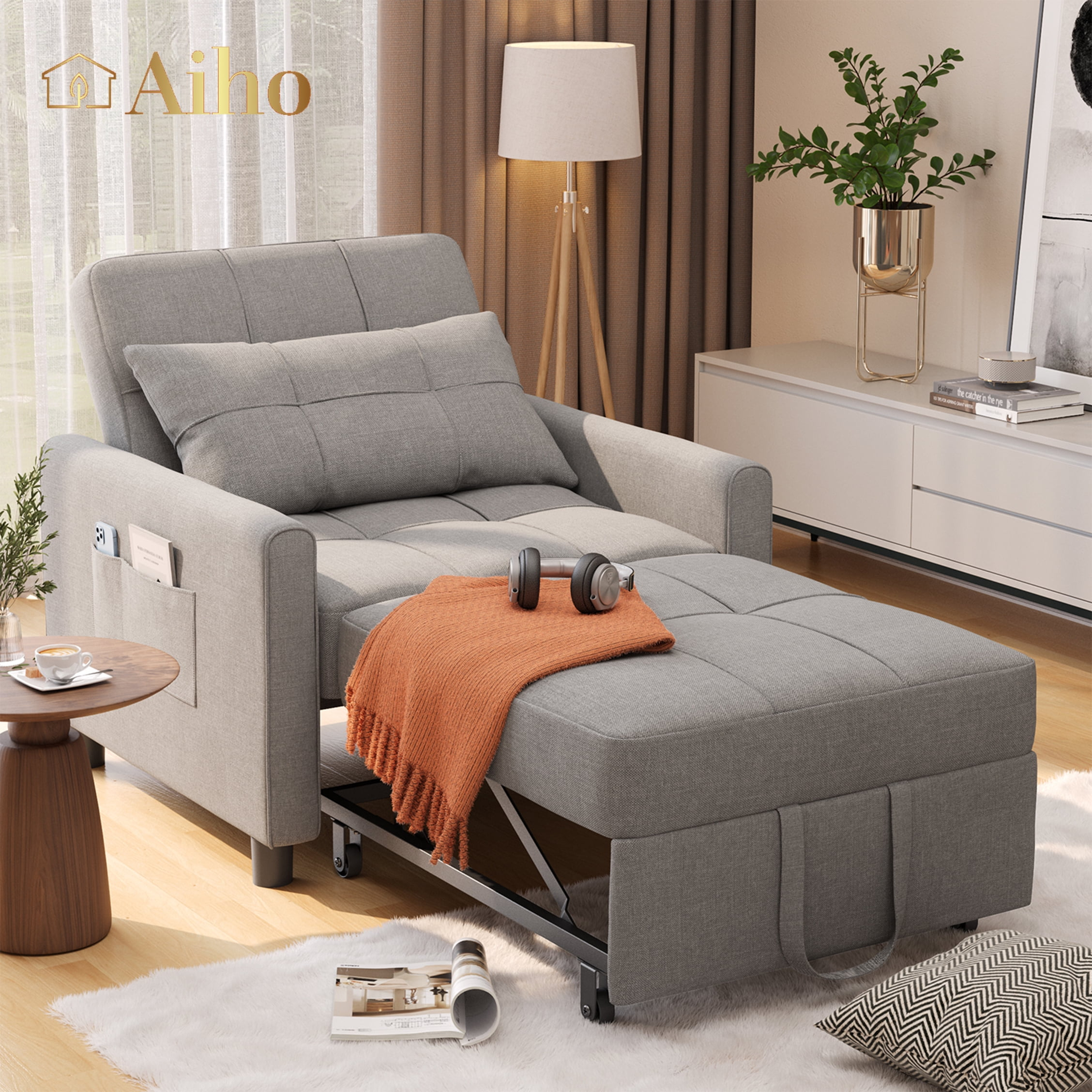 Aiho Sleeper Sofa Chair Bed, Convertible Sofa Chair 3-in-1, Adjustable Sleeper Chair Pullout Sofa Bed, Grey