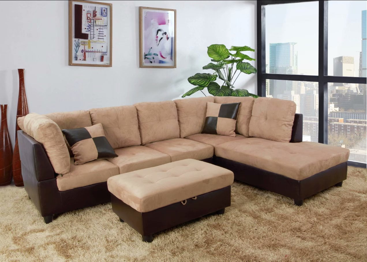 Ainehome Microfiber Sectional Sofa Set, 3PC L-Shaped Living Room Couches, Right Hand Facing (Beige)