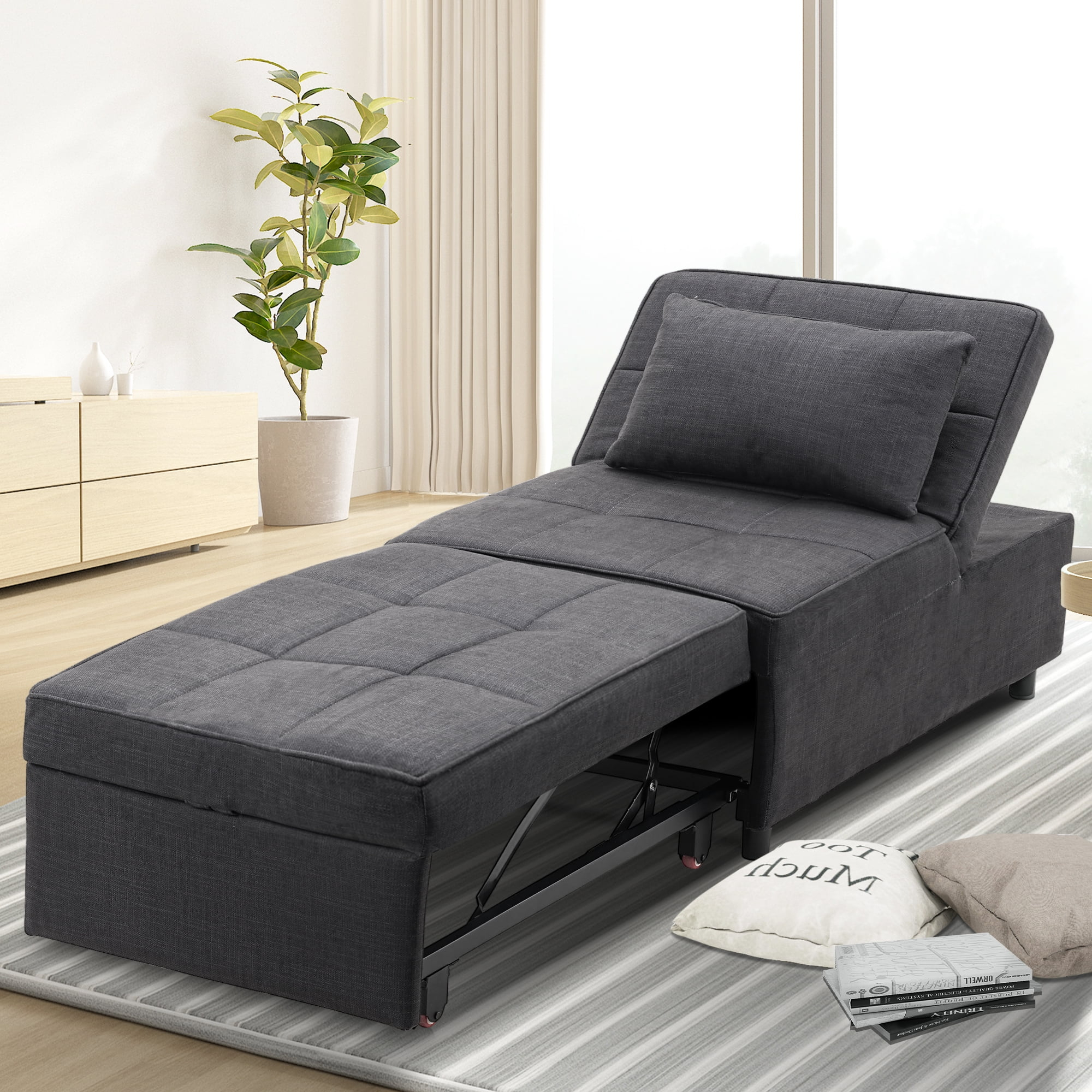 Ainfox 4-in-1 Convertible Sleeper Chair Bed Pull Out Sofa Bed Chaise Lounge for Home Office, Grey