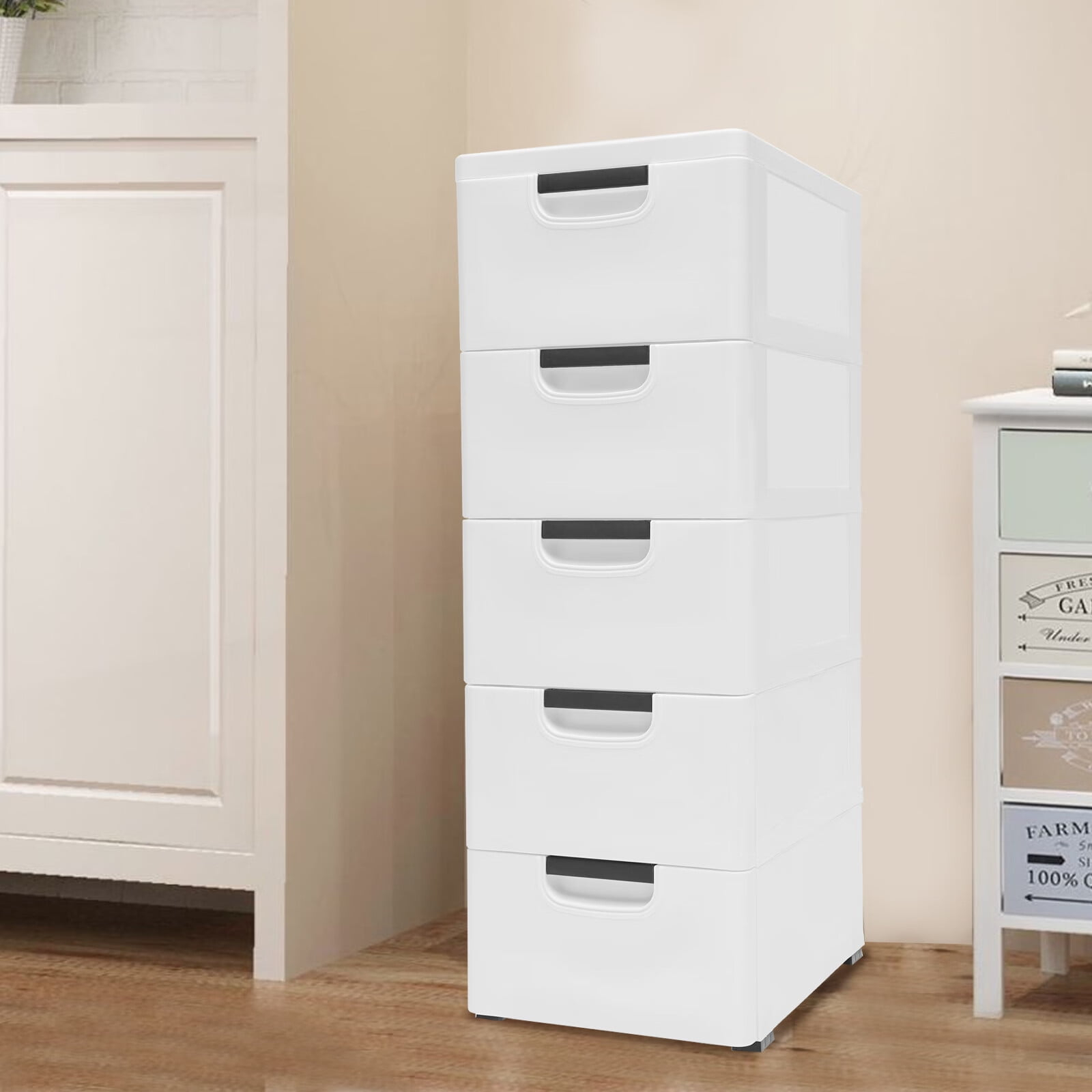 Aiqidi 5 Plastic Drawers Dresser, 5 Layers Vertical Stackable Storage Cabinet Bedroom Tower Closet Organizer w/4 Wheels (White)