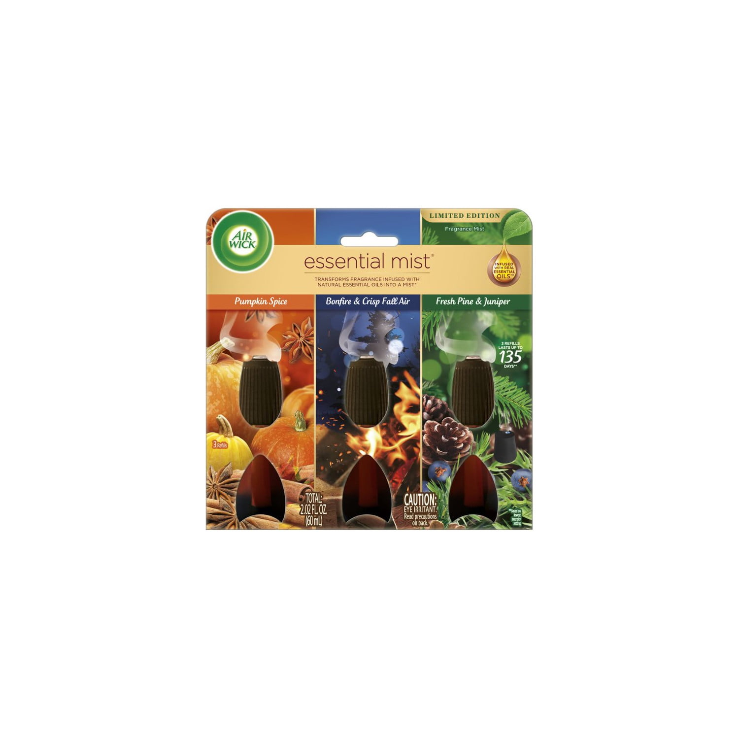 Air Wick Essential Mist Refill, 3Count, Multipack, Pumpkin Spice, Bonfire & Crisp Fall Air, Fresh Pine & Juniper