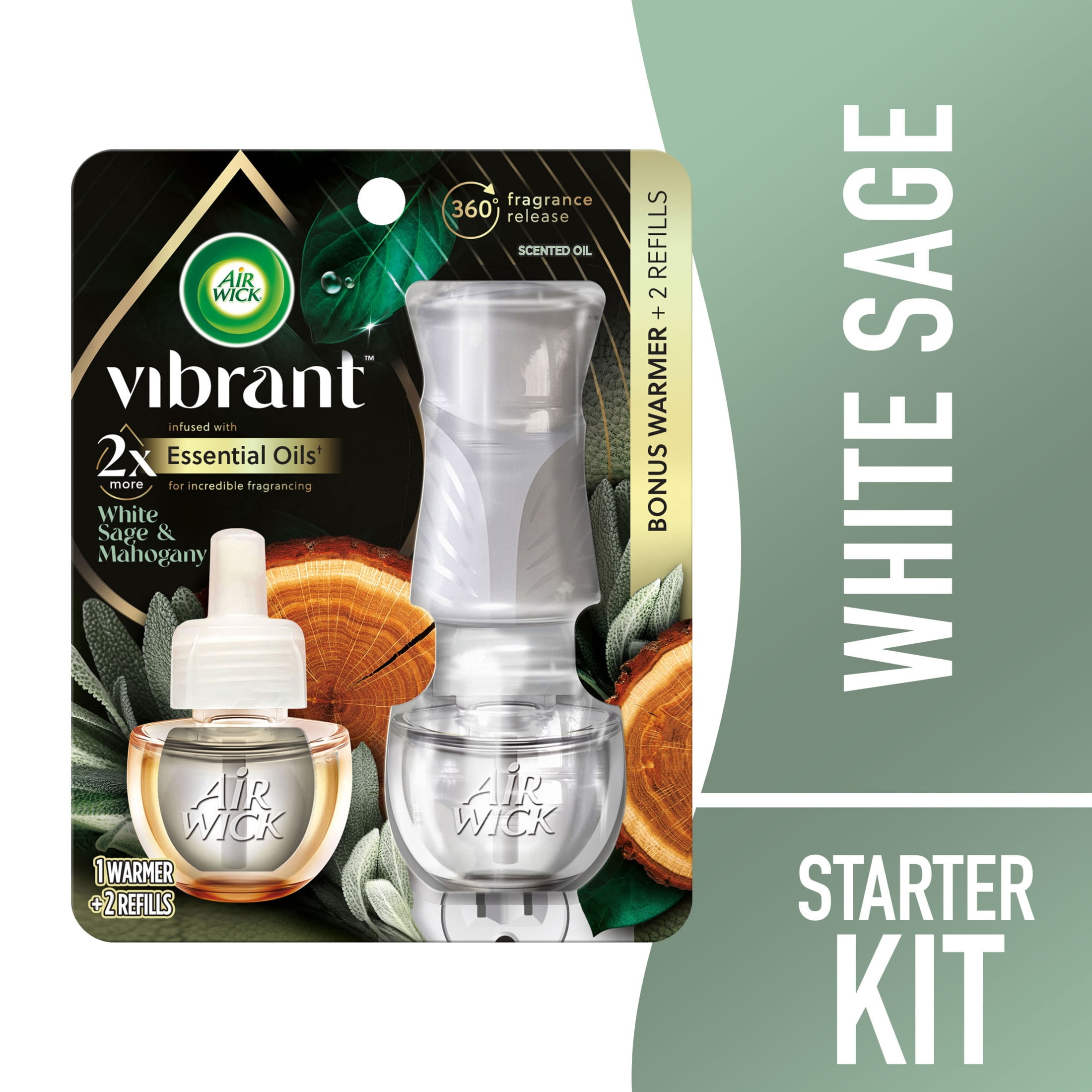 Air Wick Vibrant Plug in Scented Oil Starter Kit (Gadget + 2 Refills), White Sage & Mahogany, Air Freshener, Essential Oils