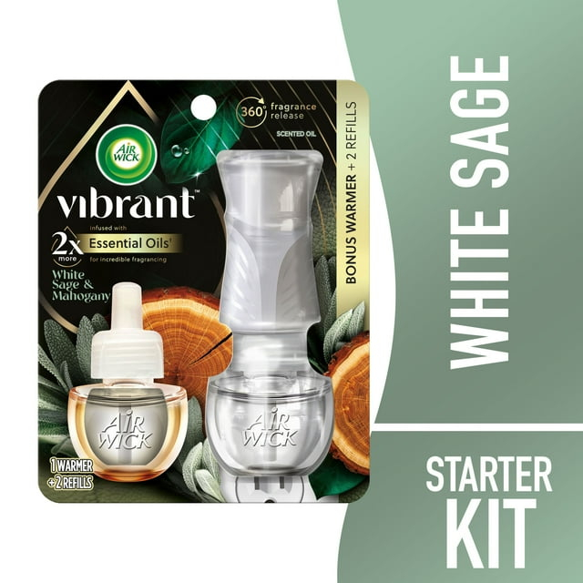 Air Wick Vibrant Plug in Scented Oil Starter Kit (Gadget + 2 Refills), White Sage & Mahogany, Air Freshener, Essential Oils