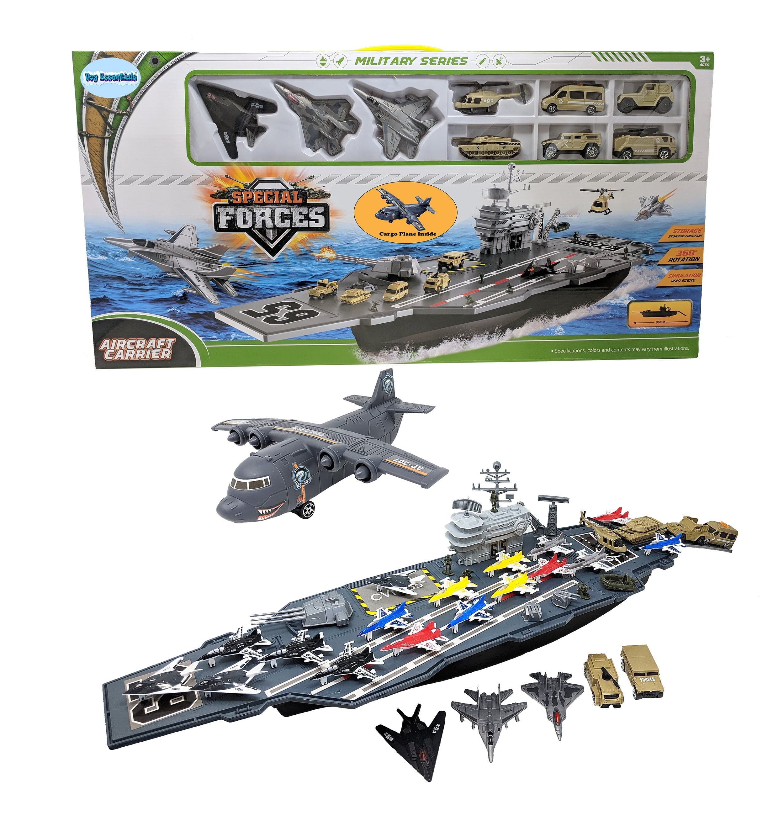 Toy Essentials Aircraft Carrier Toy with Military Vehicles, 3.5 in x 33 in, 3-14 Years