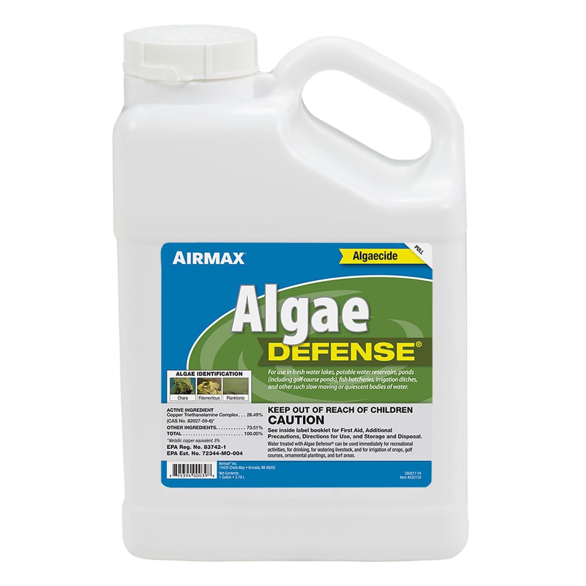 Airmax Algae Defense Pond Algae Control Treatment, For Clearer Pond Water, EPA Registered Algaecide Water Treatment, Safe for Use in Ponds Containing Fish and Plants, Treats 8000 sq ft, 1 Gallon
