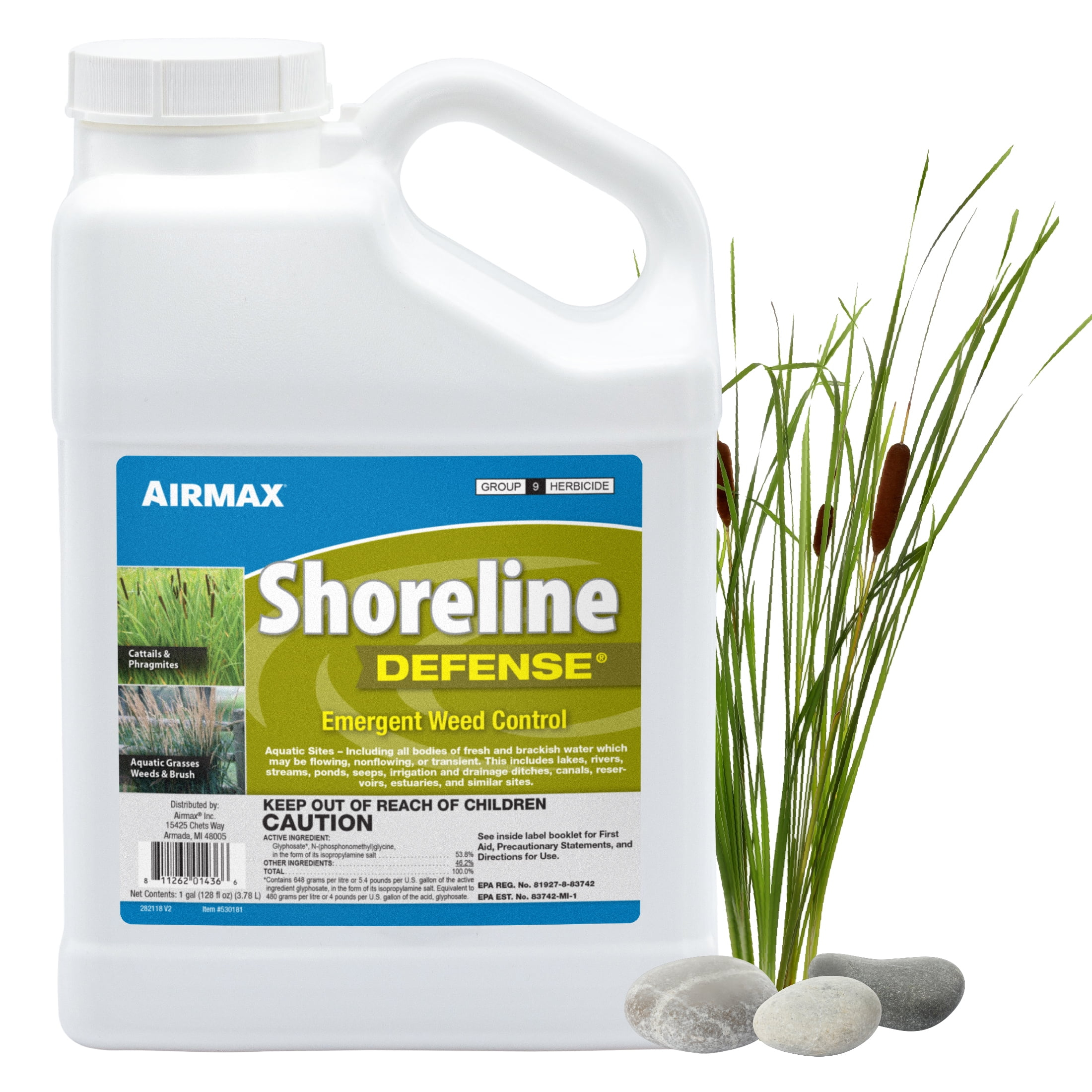 Airmax Shoreline Defense Emergent Weed Control Concentrated Treatment, Aquatic Herbicide (Glyphosate) for Phragmites, Pond Grass & Cattails, 1 Gallon