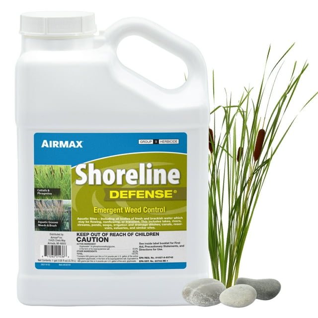 Airmax Shoreline Defense Emergent Weed Control Concentrated Treatment, Aquatic Herbicide (Glyphosate) for Phragmites, Pond Grass & Cattails, 1 Gallon