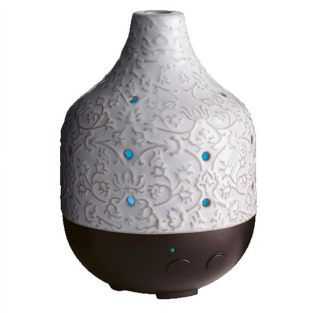 Airome Botanical Large Ceramic Essential Oil Diffuser250 mL Humidifying Ultrasonic Aromatherapy Diffuser 8 Colorful LED Lights, Up to 24 Hours Intermittent & Continual Mist with Auto Shut-Off, White