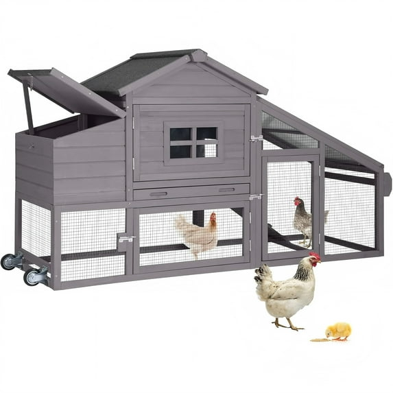 Aivituvin Movable Chicken Coop with Wheels, Large Poultry Cage for Outdoor, Wood Hen House with Nesting Box Backyard Chicken House