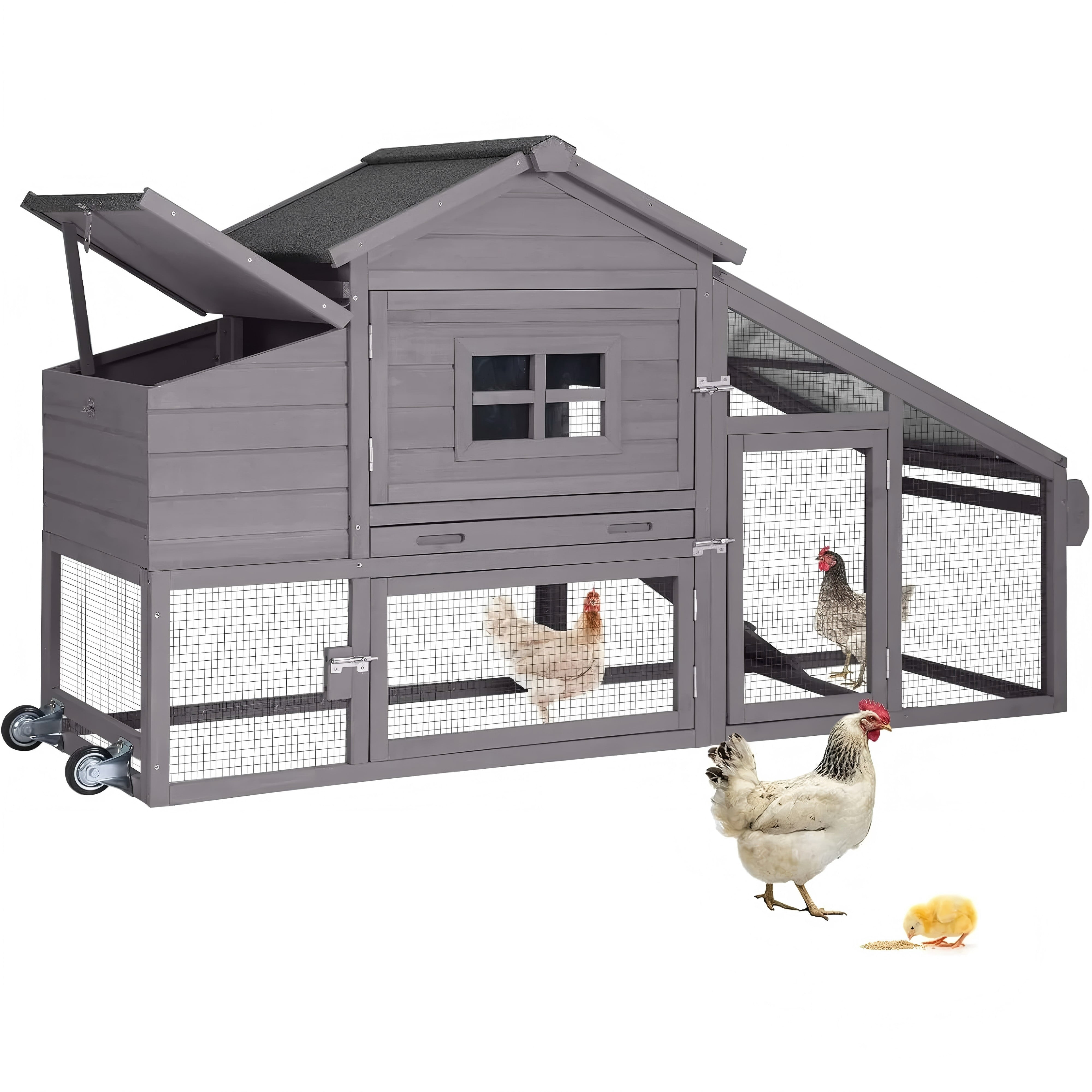 Aivituvin Chicken Coop for 4 Chickens, Mobile Chicken House with with Wheels, Outdoor Hen House Poultry Cage with Nesting Box, Leakproof Pull Out Tray and UV-Resistant Roof