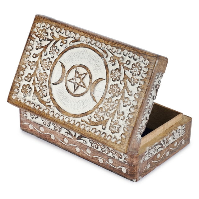 Ajuny Wooden Hand Carved Decorative Jewelry Storage Box with Moon Star Flower Carvings