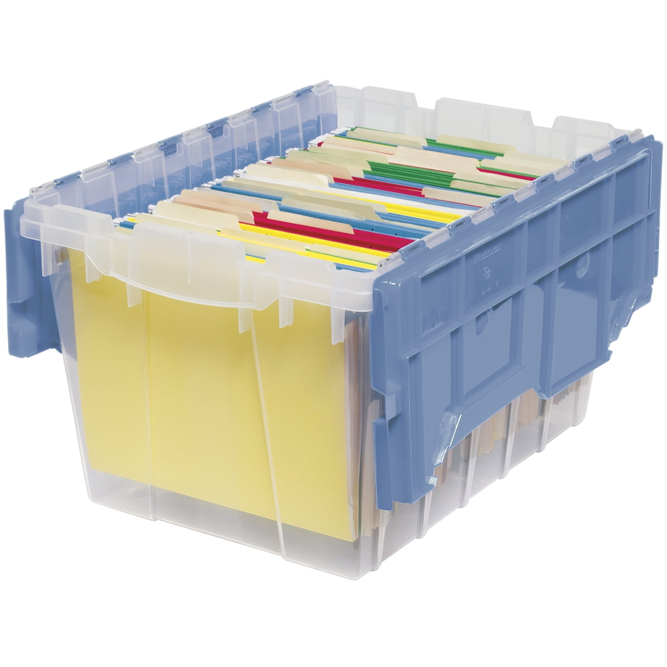 Akro-Mils 12 Gallon Clear Plastic Storage Container KeepBox File Box with Hinged Attached Lid and Rails for Hanging File Folders, 66486FILEB - Clear/Blue