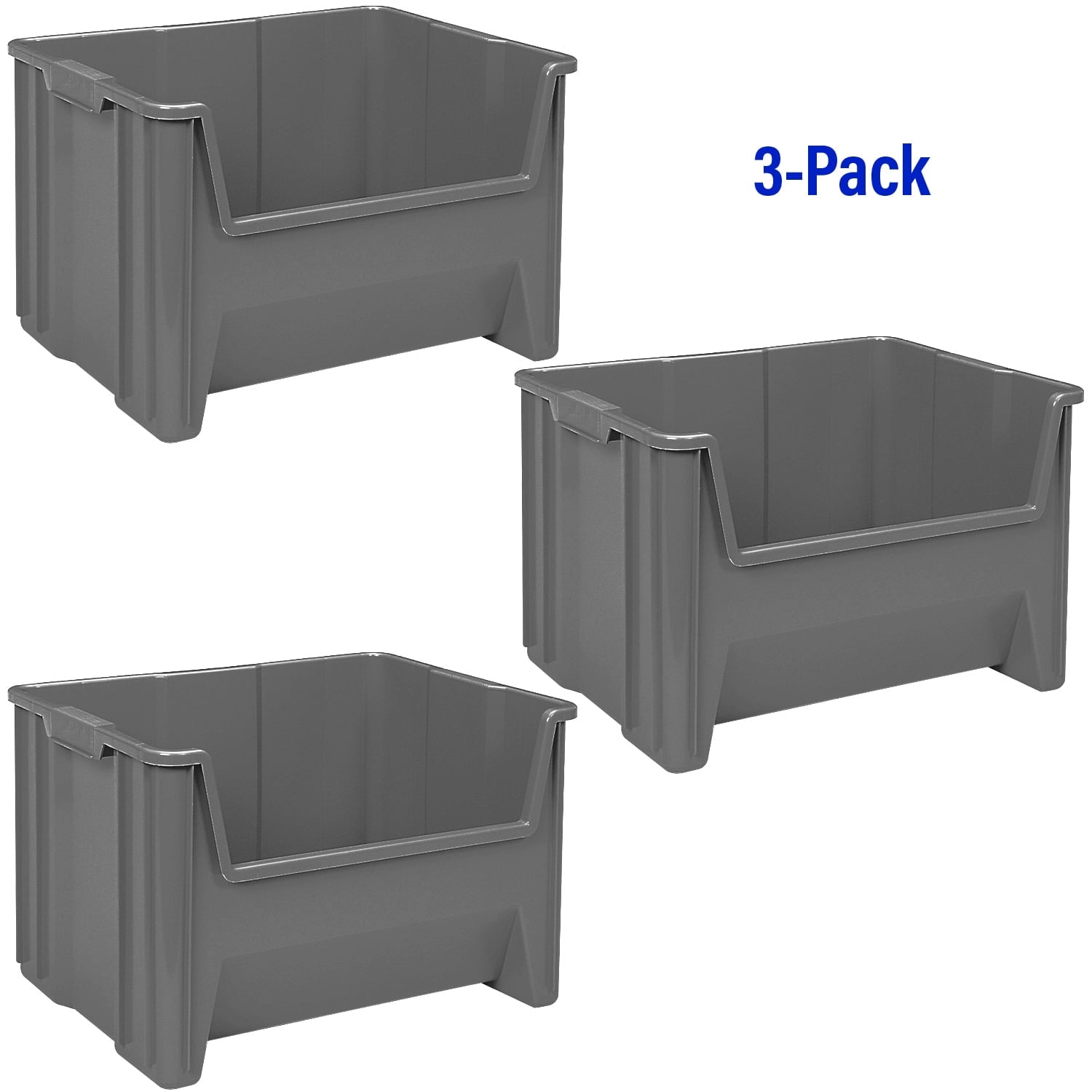 Akro-Mils Stak-N-Store 13017 Large Storage Bins, Stackable Heavy Duty Containers, 15"x20"x12.5", Gray, 3-Pack