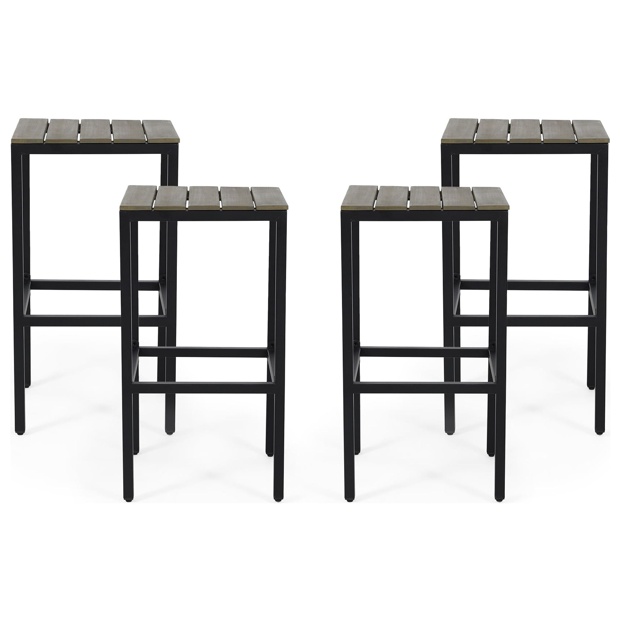Alan Outdoor Modern Industrial Acacia Wood Bar Stools, Set of 4, Gray, Black