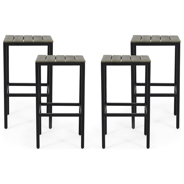 Alan Outdoor Modern Industrial Acacia Wood Bar Stools, Set of 4, Gray, Black