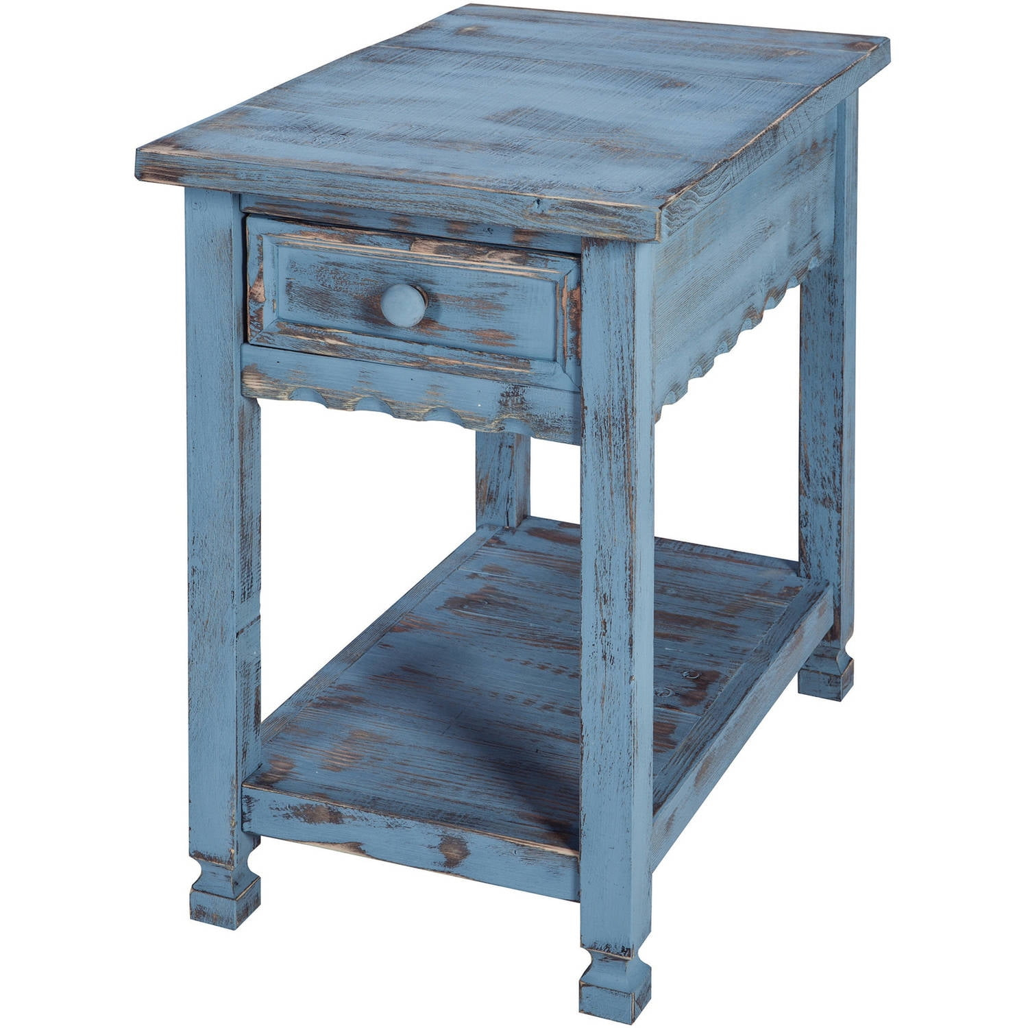 Alaterre Furniture Country Cottage Chairside End Table with 1 Drawer and 1 Shelf, Square Turned Legs, Farmhouse Style for Living Room, Antique Blue Finish