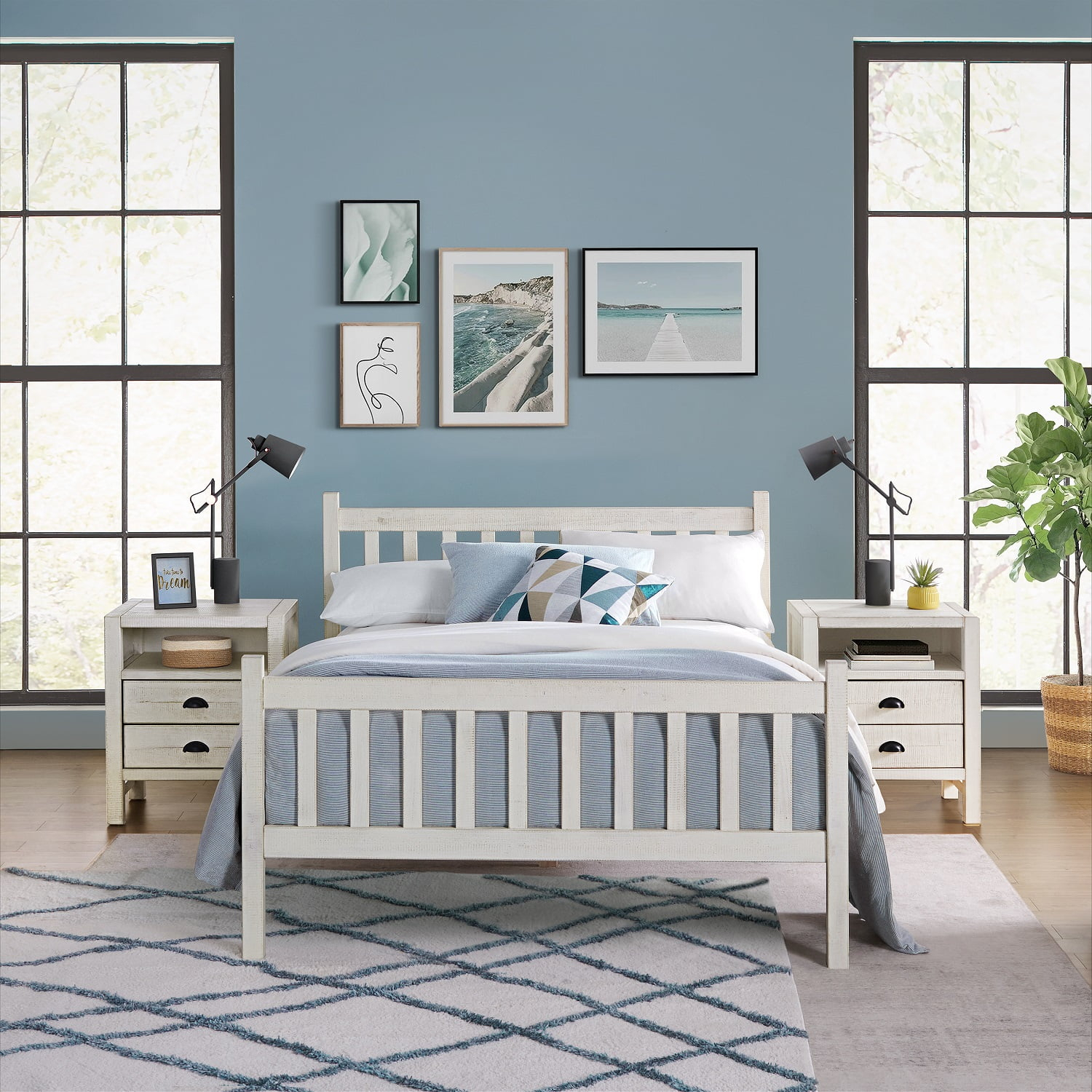Windsor Wood Farmhouse Industrial Bohemian Style 3 Pc Bedroom Set With Slat Twin Bed 2 Nightstands