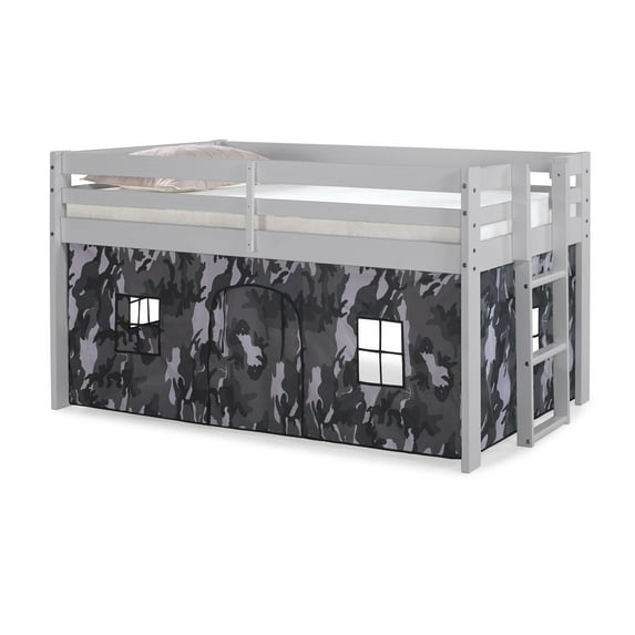 Alaterre Furniture Jasper Twin Junior Loft Bed, Dove Gray Frame and Gray Camouflage Bottom Playhouse Tent